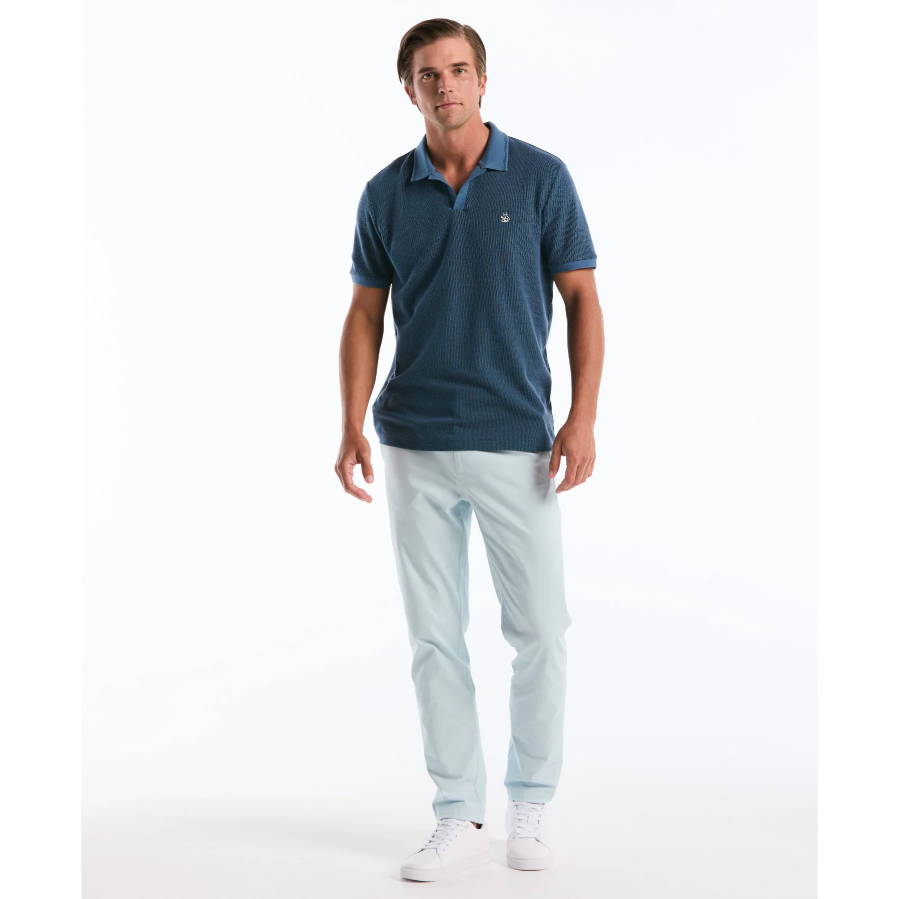 Honeycomb Textured Johnny Collar Polo Shirt In Copen Blue - Image 4