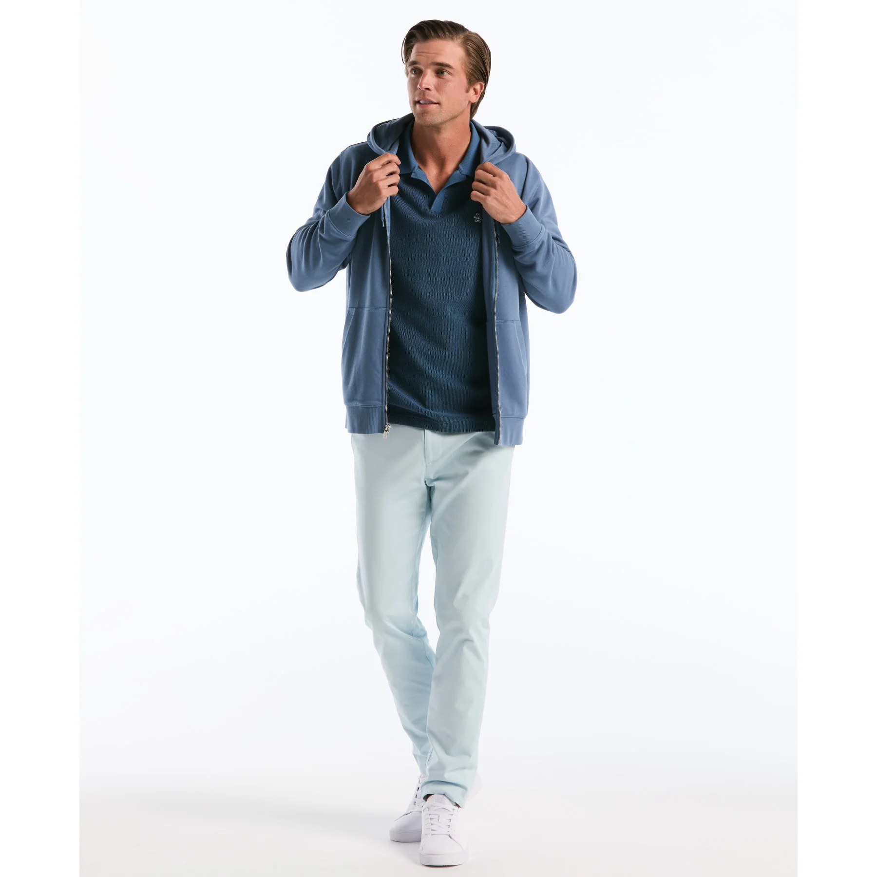 Honeycomb Textured Johnny Collar Polo Shirt In Copen Blue - Image 5