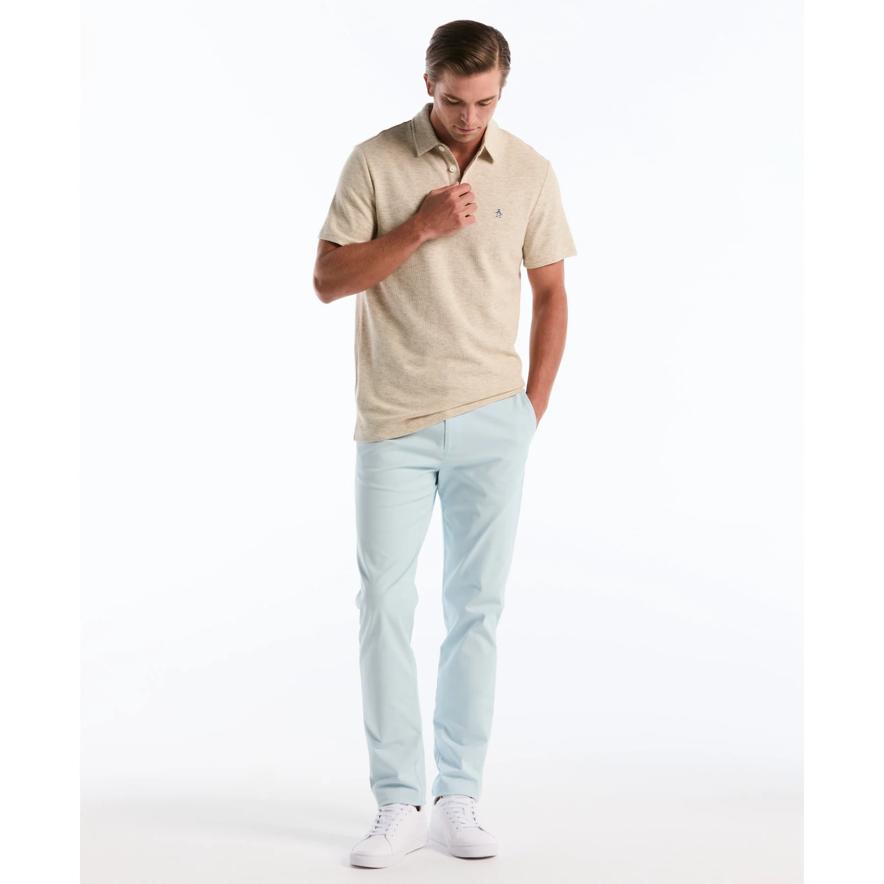 Honeycomb Textured Polo Shirt In Birch - Image 4