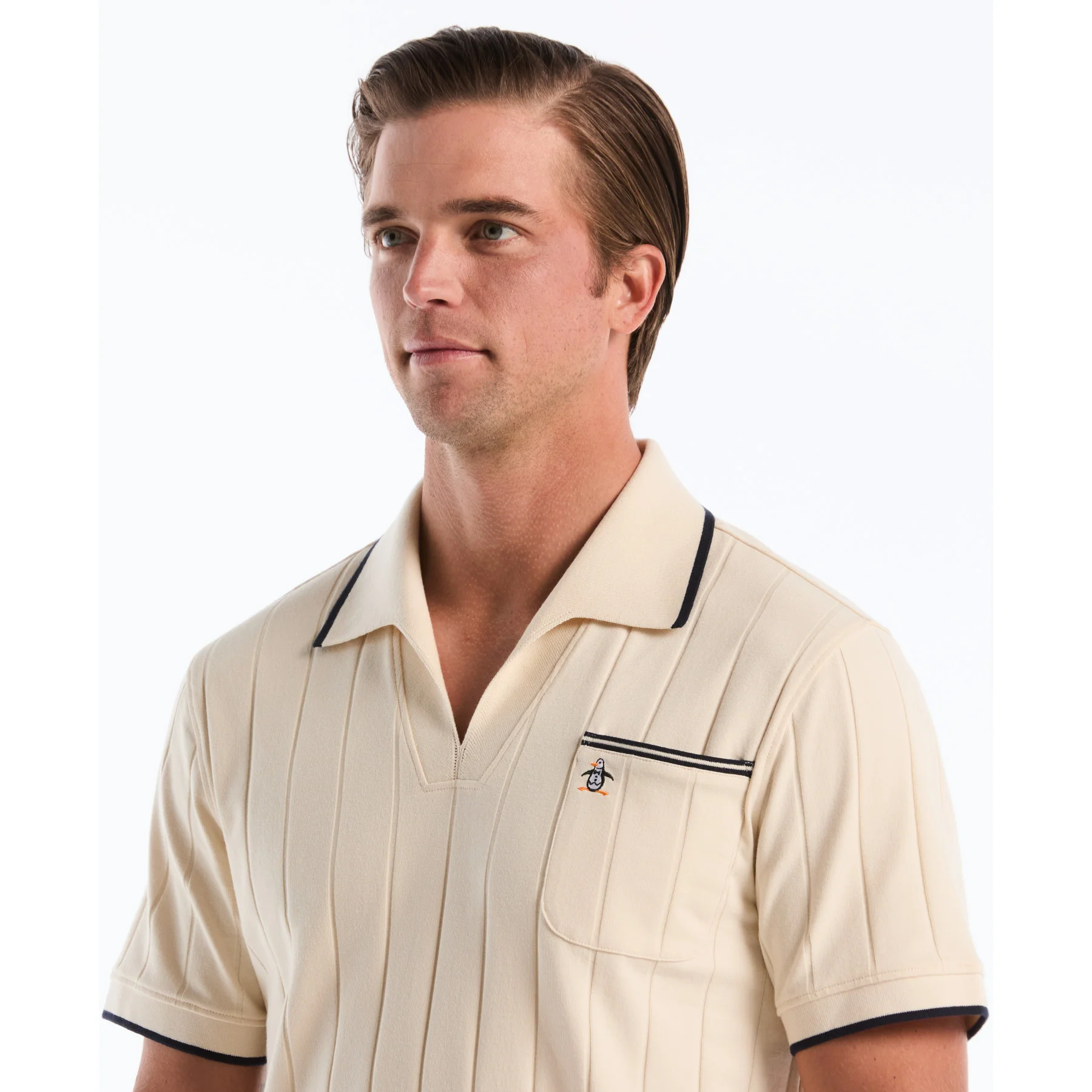 Icons Open Collar Ribbed Polo Shirt In Birch - Image 4