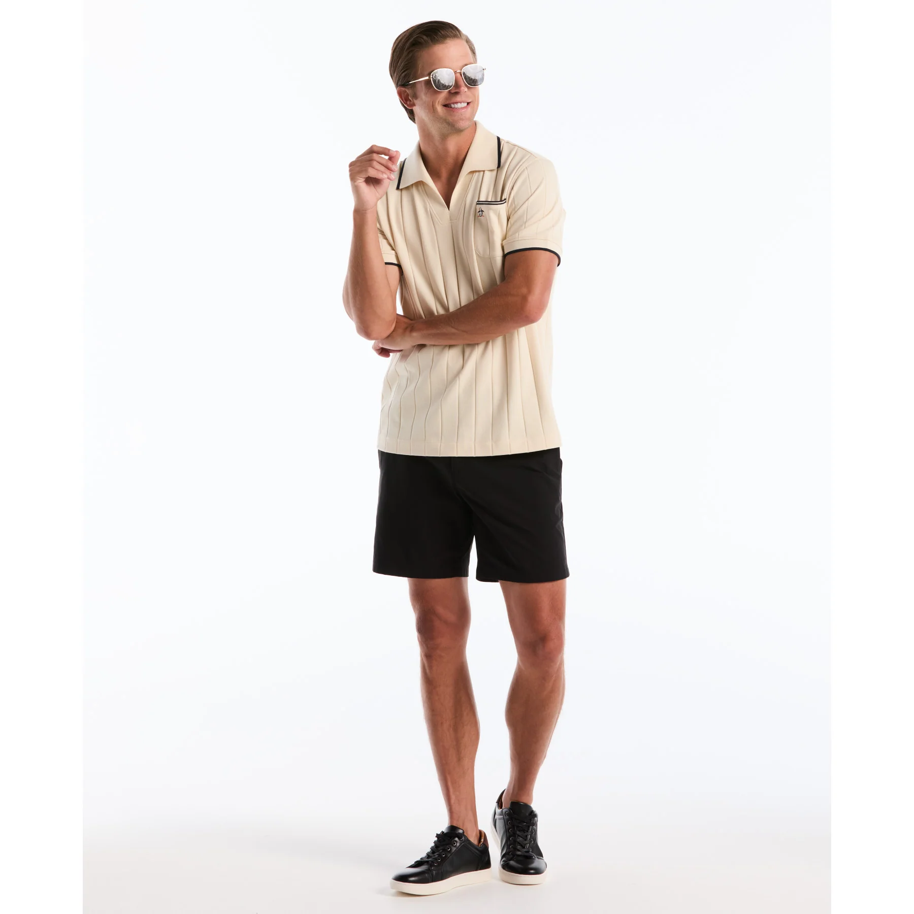 Icons Open Collar Ribbed Polo Shirt In Birch - Image 5