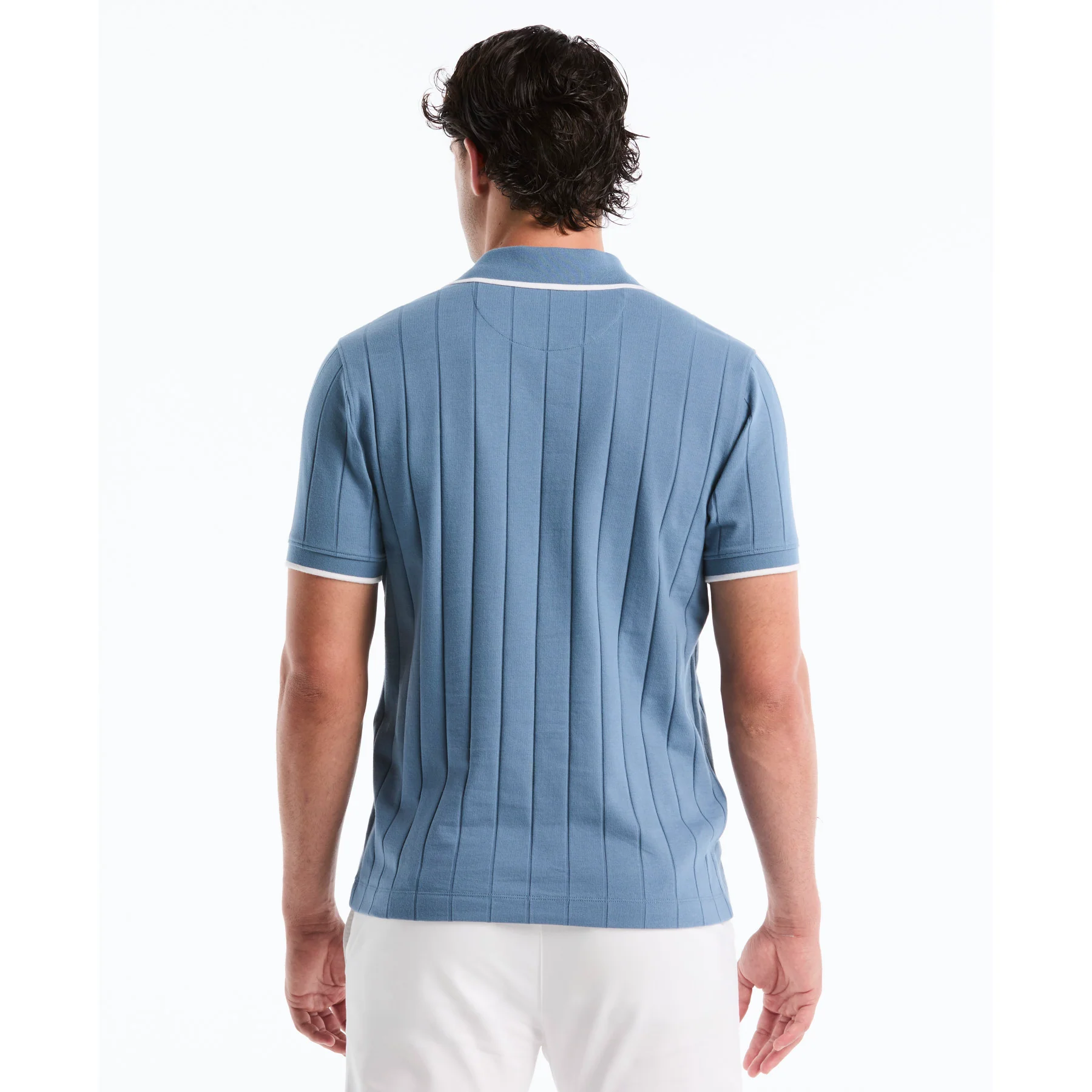 Icons Open Collar Ribbed Polo Shirt In Copen Blue - Image 3