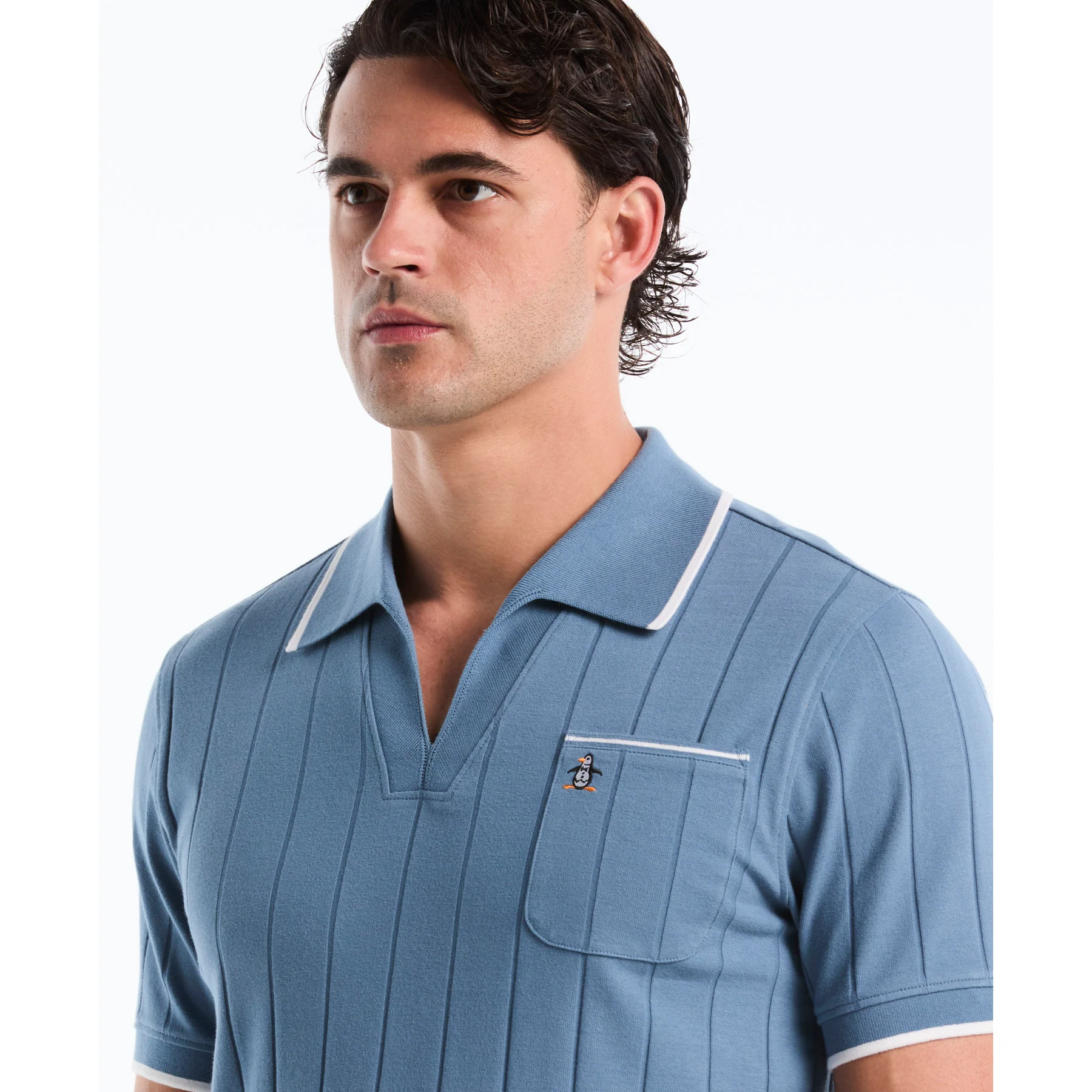 Icons Open Collar Ribbed Polo Shirt In Copen Blue - Image 4