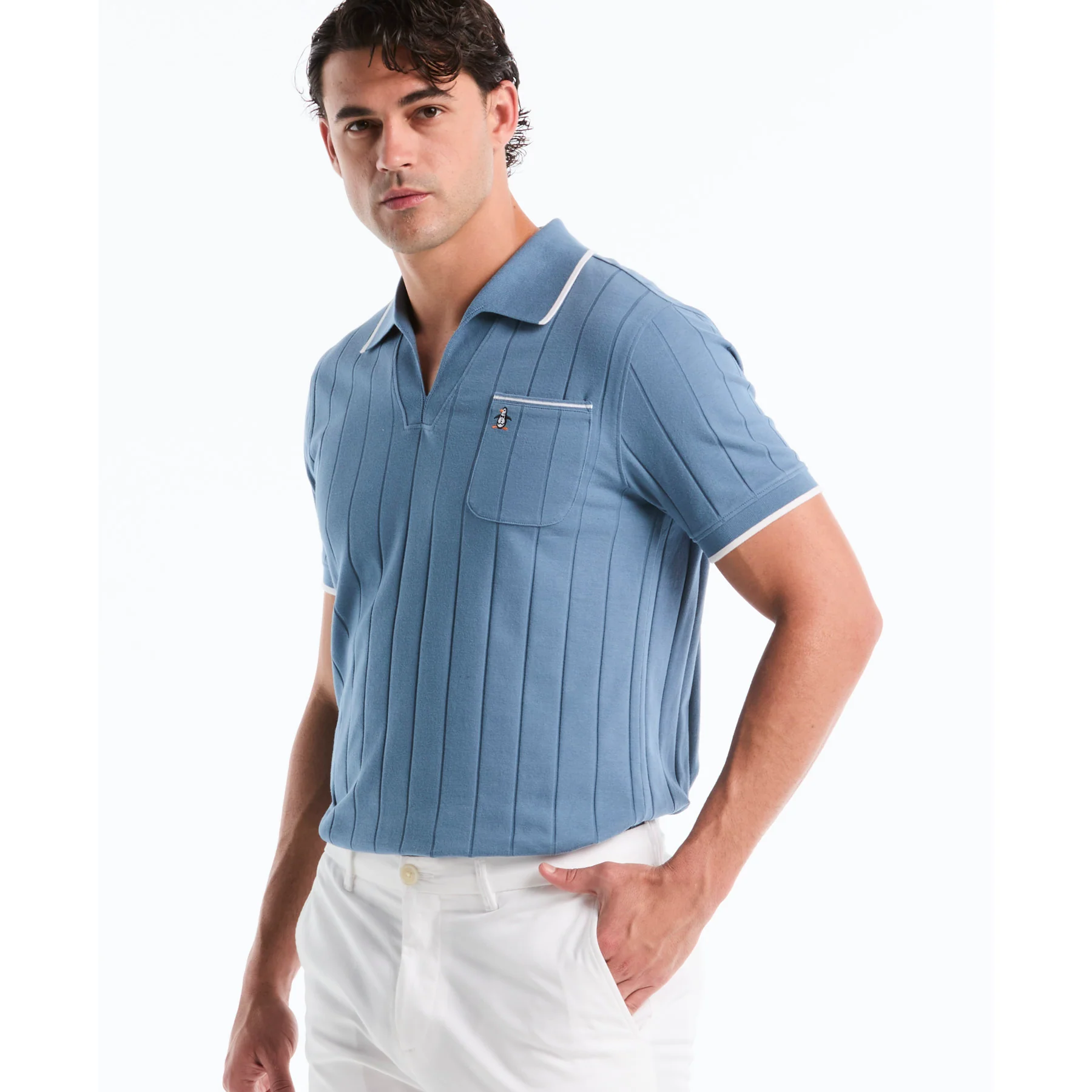 Icons Open Collar Ribbed Polo Shirt In Copen Blue - Image 5