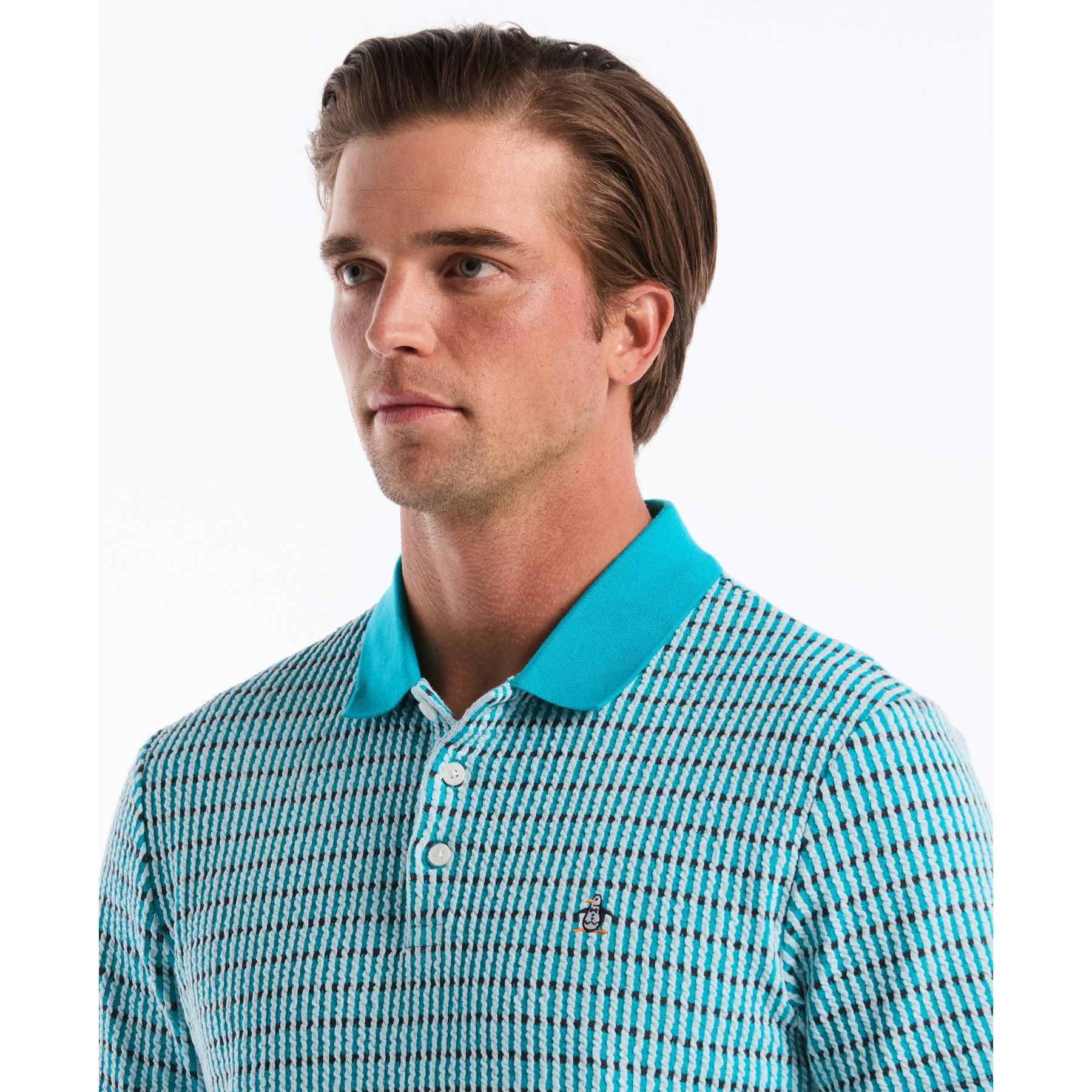 Icons Textured Plaid Polo Shirt In Lake Blue - Image 4