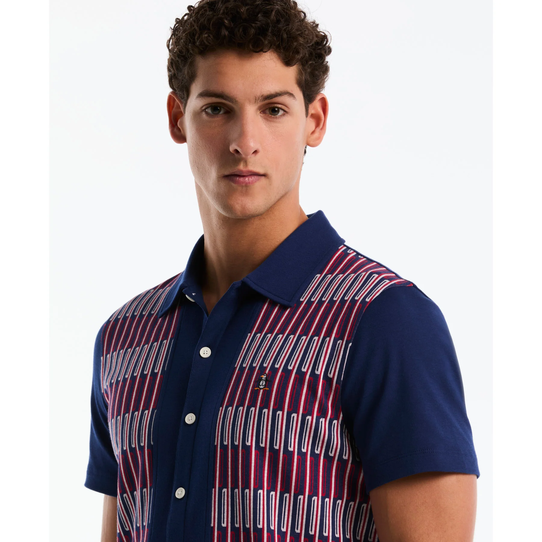 Jacquard Button Front Polo Shirt In Blue Depths - Image 4