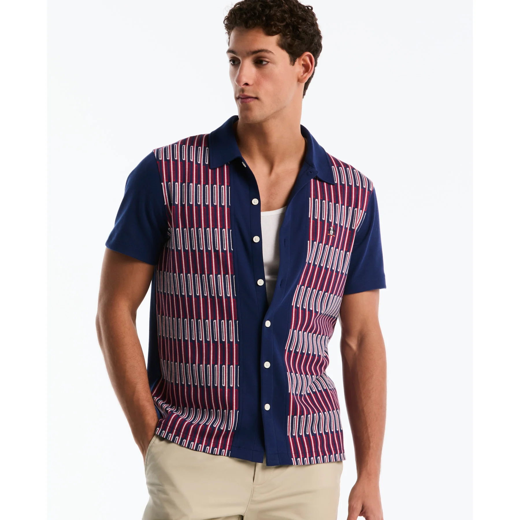 Jacquard Button Front Polo Shirt In Blue Depths - Image 5