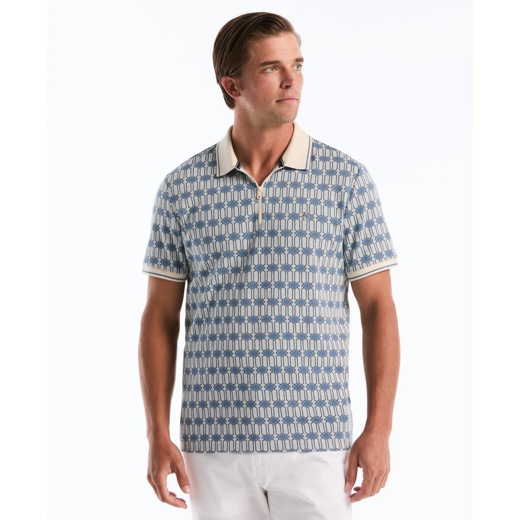 Jacquard Deco Quarter Zip Polo Shirt In Birch