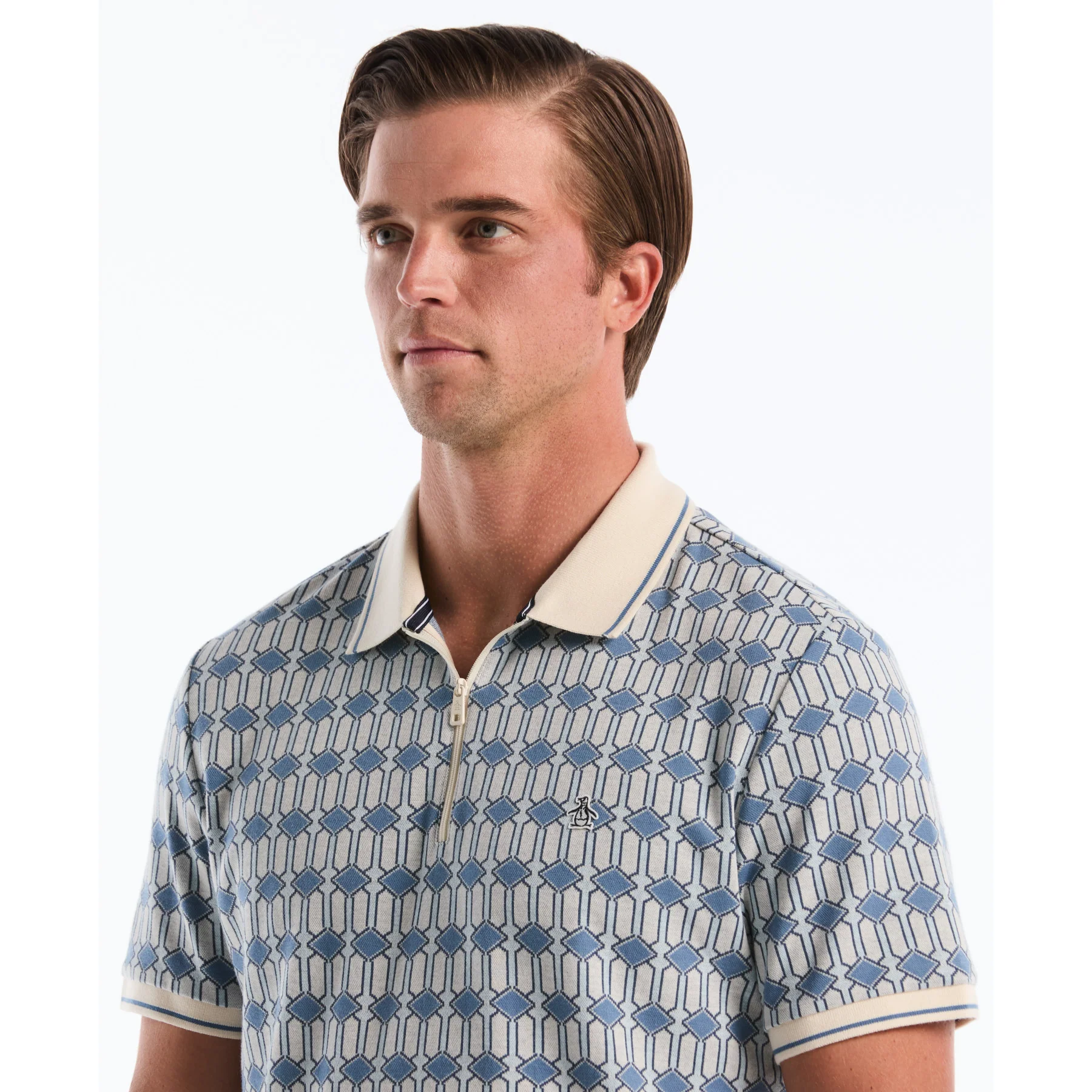 Jacquard Deco Quarter Zip Polo Shirt In Birch - Image 3