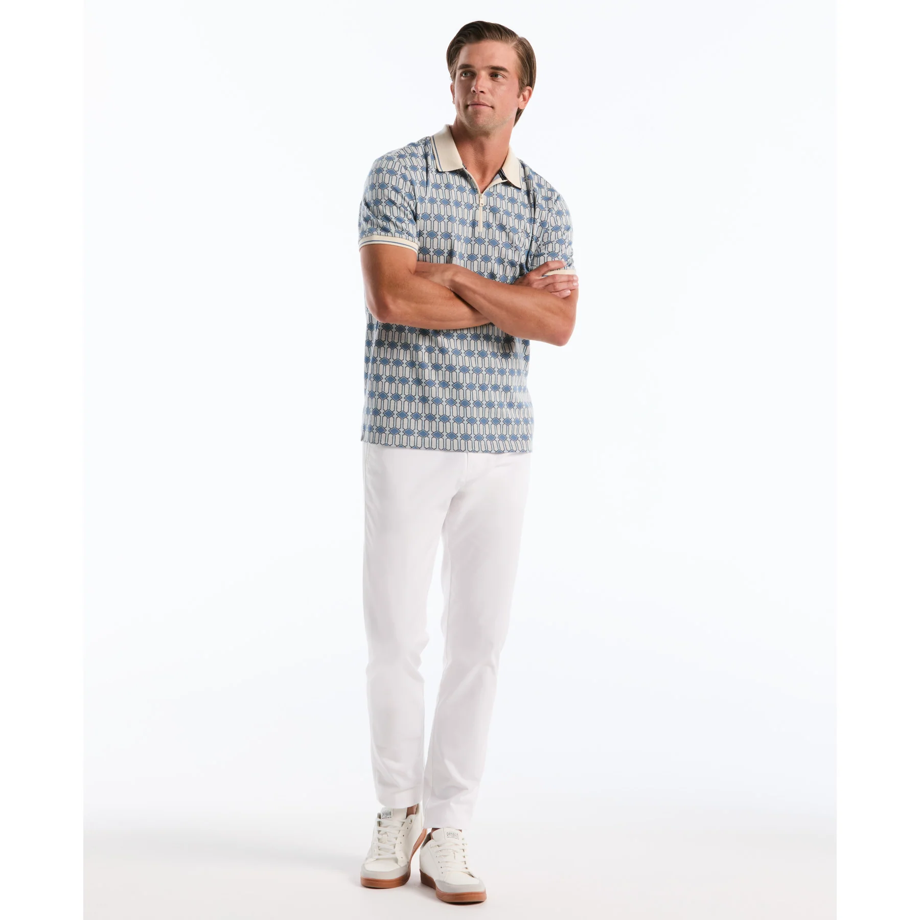 Jacquard Deco Quarter Zip Polo Shirt In Birch - Image 4