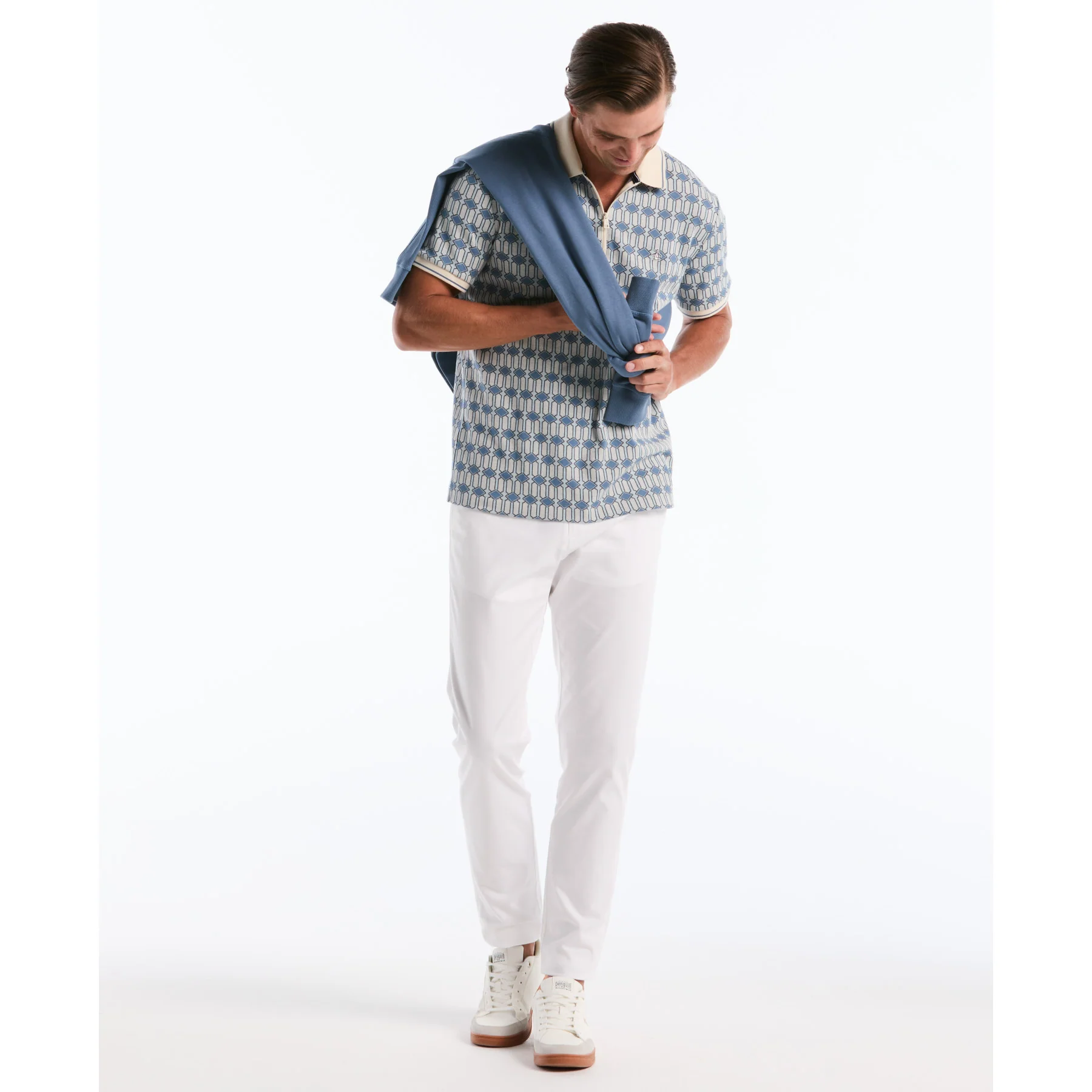 Jacquard Deco Quarter Zip Polo Shirt In Birch - Image 5