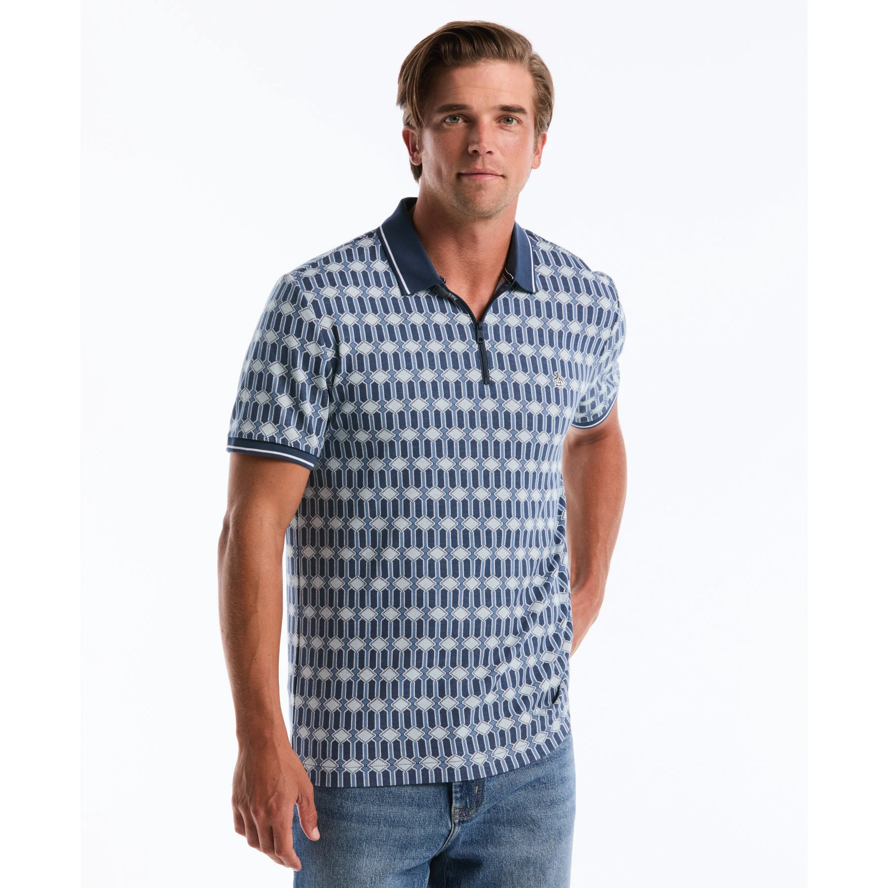 Jacquard Deco Quarter Zip Polo Shirt In Sargasso Sea