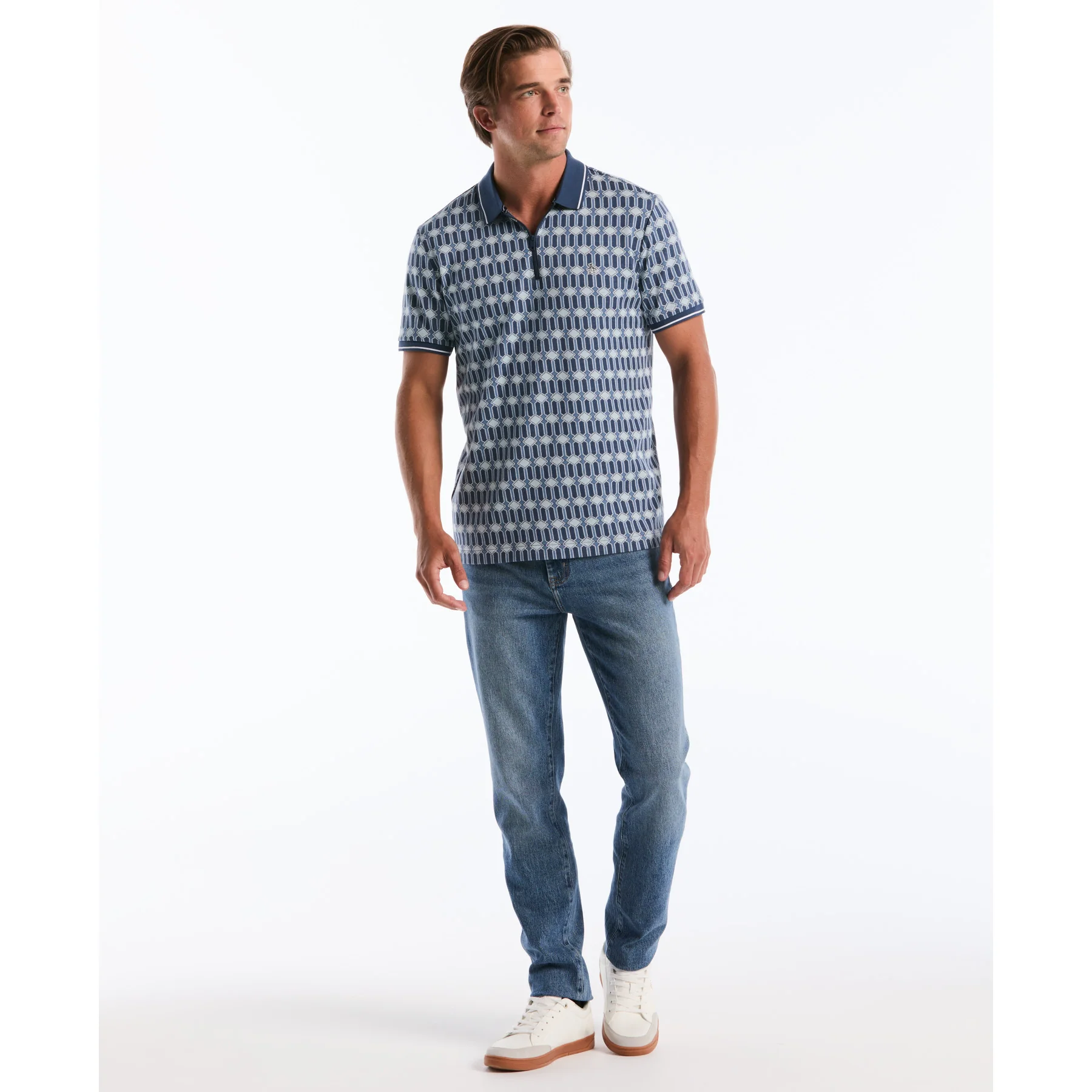 Jacquard Deco Quarter Zip Polo Shirt In Sargasso Sea - Image 4