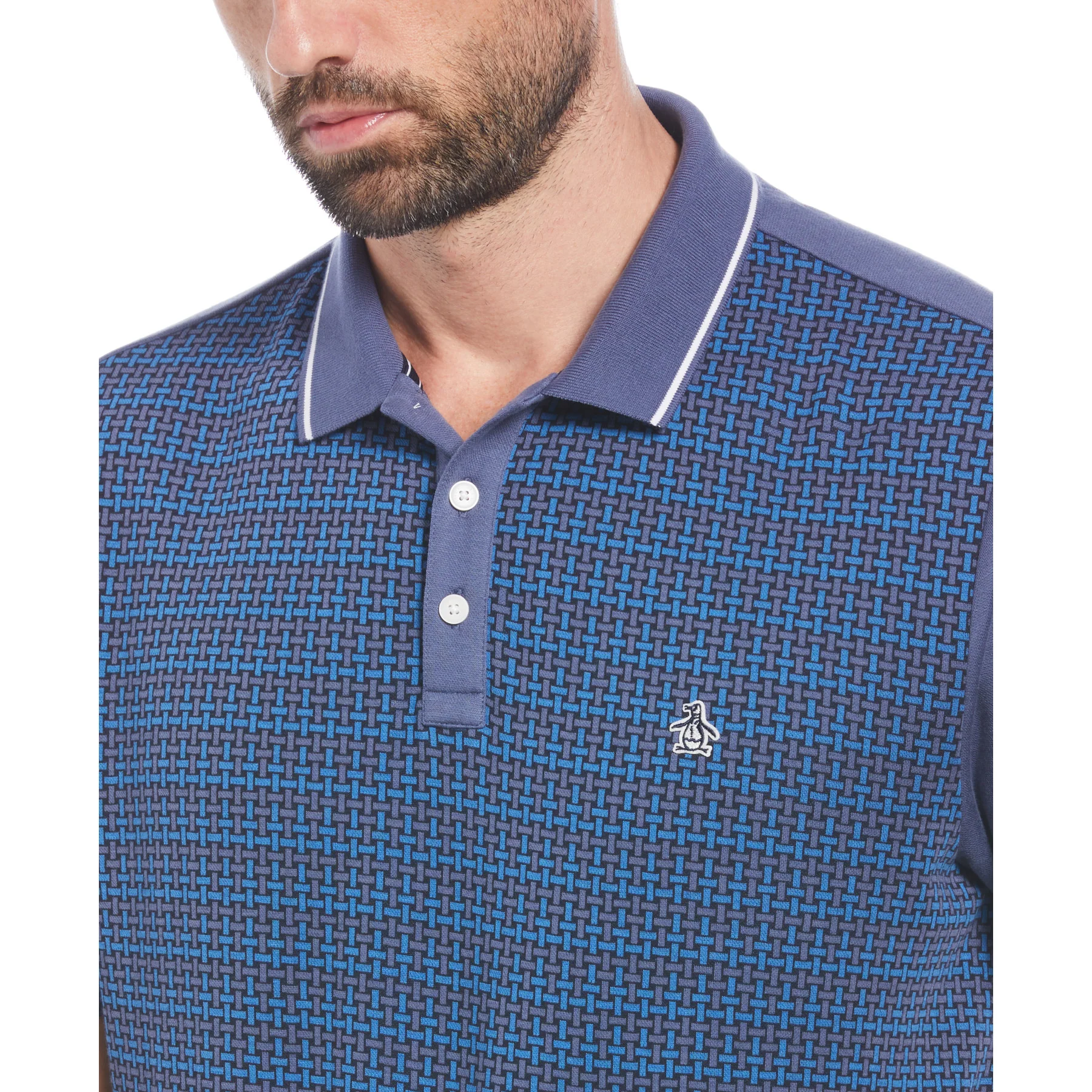 Jacquard Front Basketweave Pattern Polo Shirt In Blue Indigo - Image 3