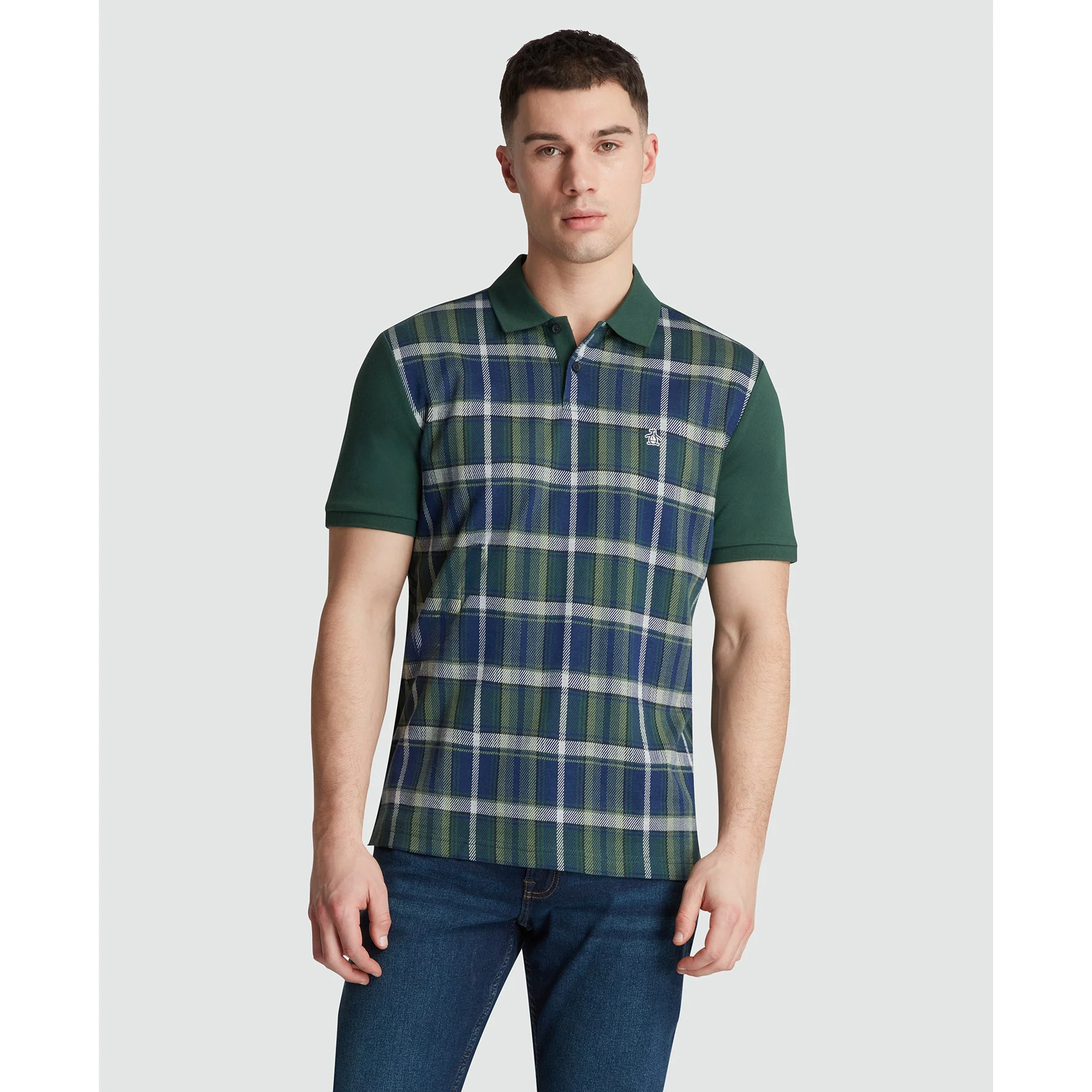 Jacquard Front Plaid Polo Shirt In Sycamore