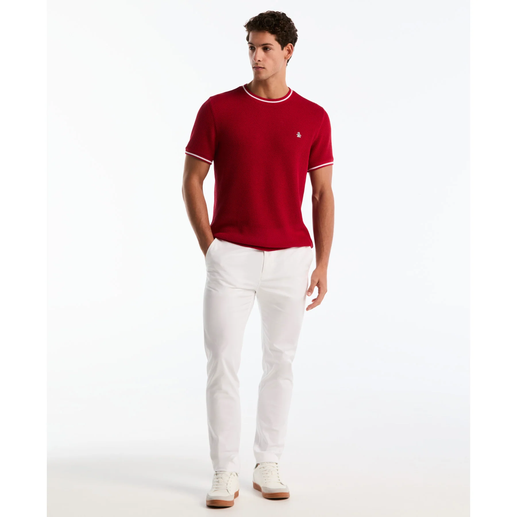 Jacquard Honeycomb Texture T-Shirt In Red - Image 2