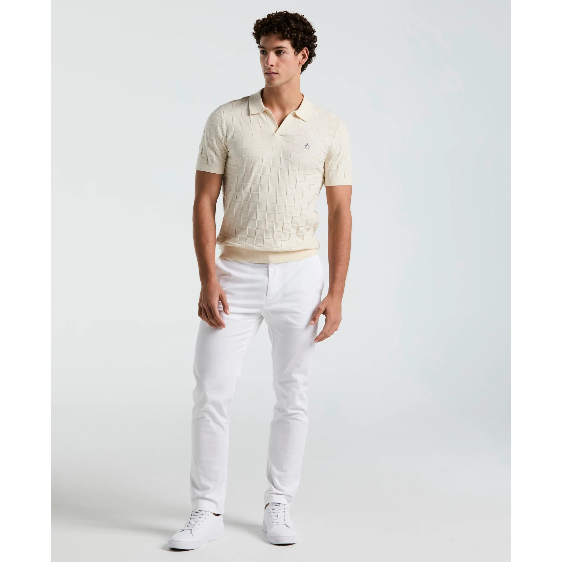 Jacquard Johnny Collar Sweater Polo Shirt In Birch - Image 4