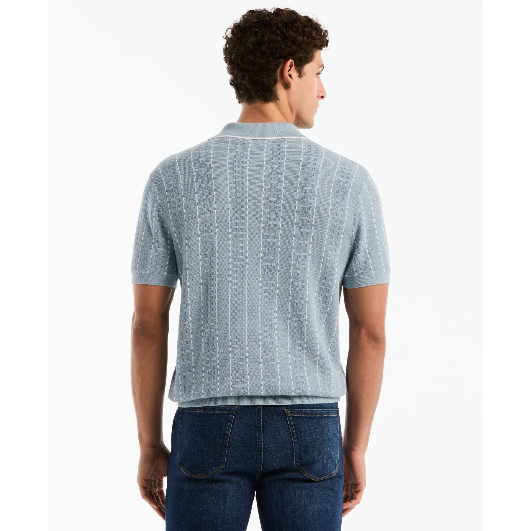 Jacquard Johnny Collar Sweater Polo In Dusty Blue - Image 3