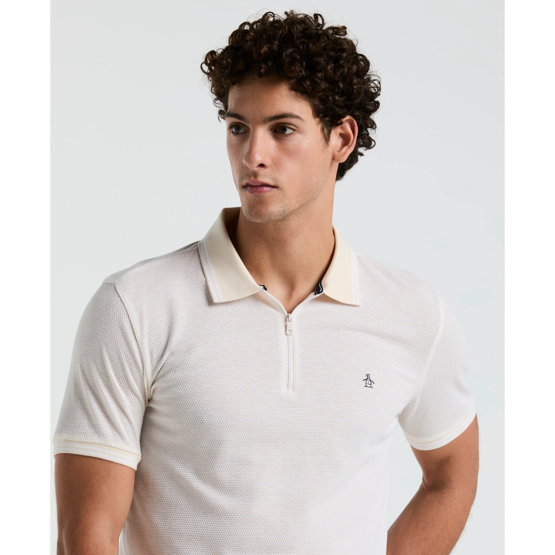 Jacquard Tipped 1/4 Zip Polo Shirt In Birch - Image 3