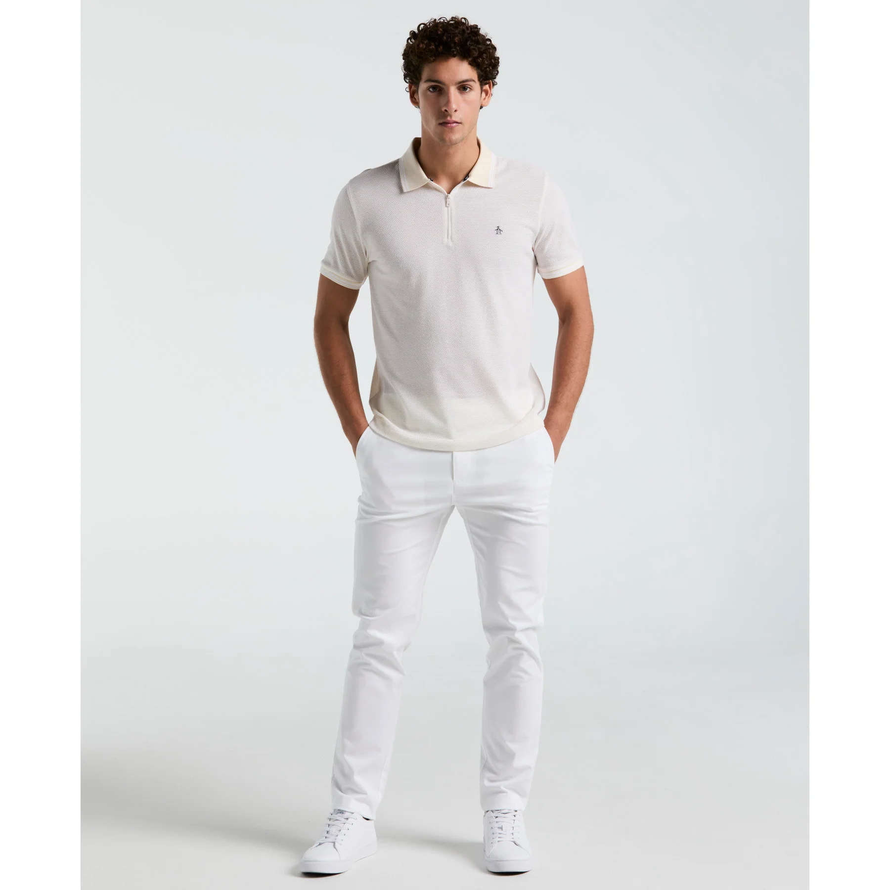 Jacquard Tipped 1/4 Zip Polo Shirt In Birch - Image 4