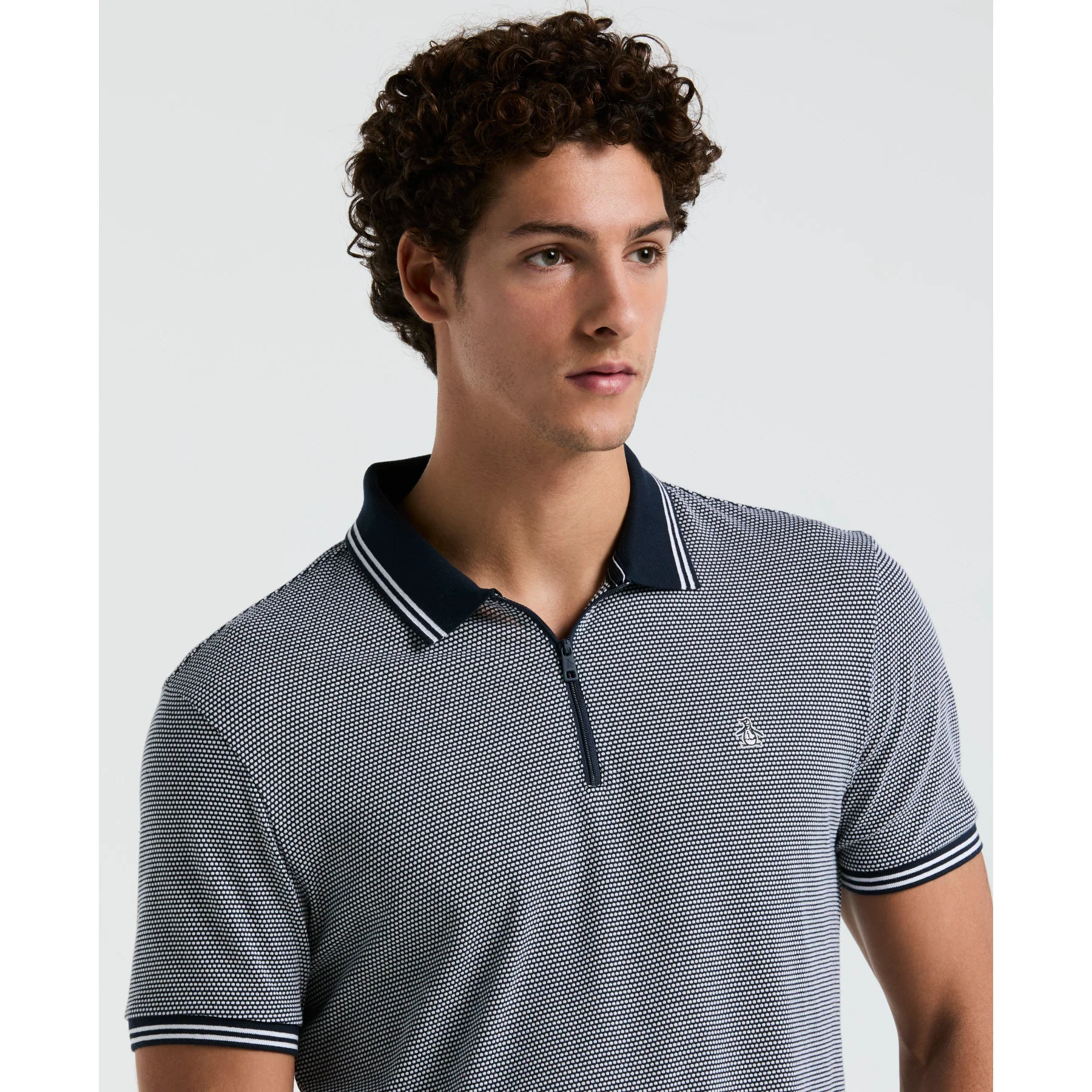 Jacquard Tipped 1/4 Zip Polo Shirt In Dark Sapphire - Image 3