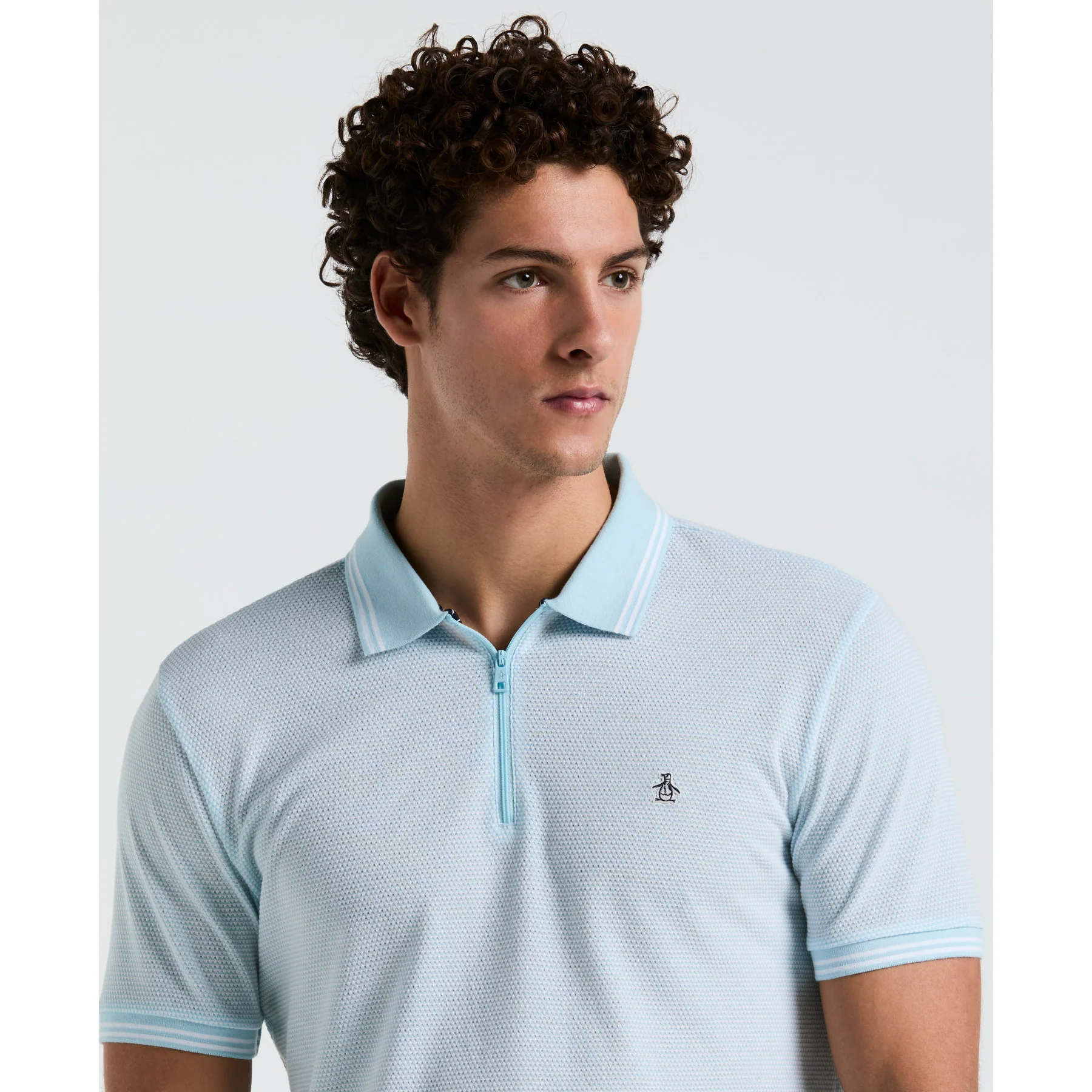 Jacquard Tipped 1/4 Zip Polo Shirt In Crystal Blue - Image 3