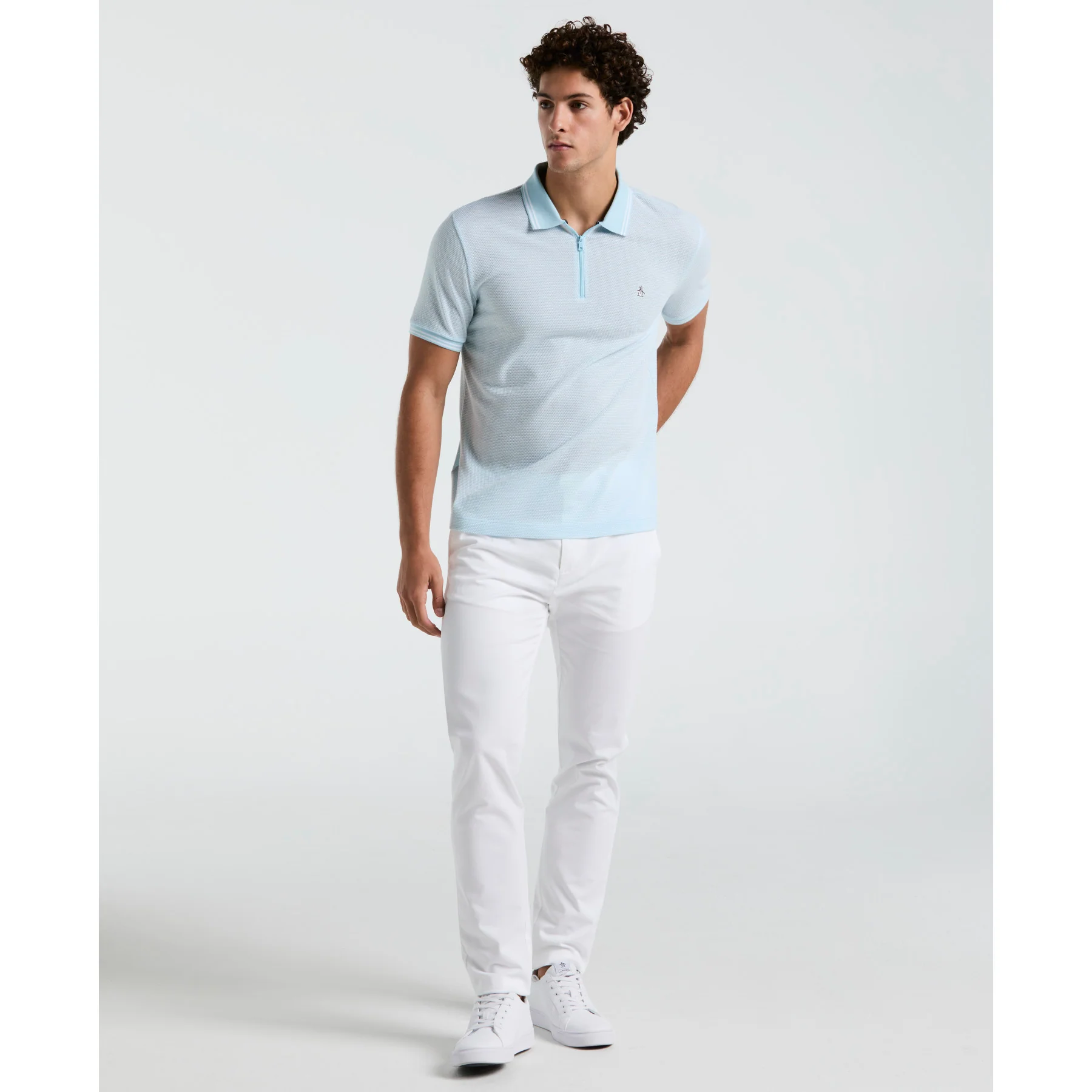 Jacquard Tipped 1/4 Zip Polo Shirt In Crystal Blue - Image 4