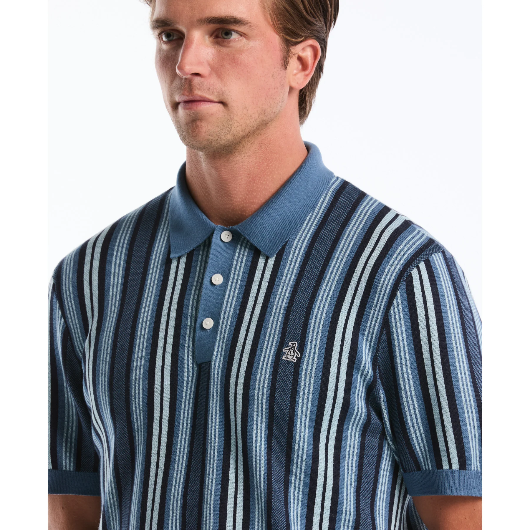 Jacquard Vertical Stripe Sweater Polo In Copen Blue - Image 4