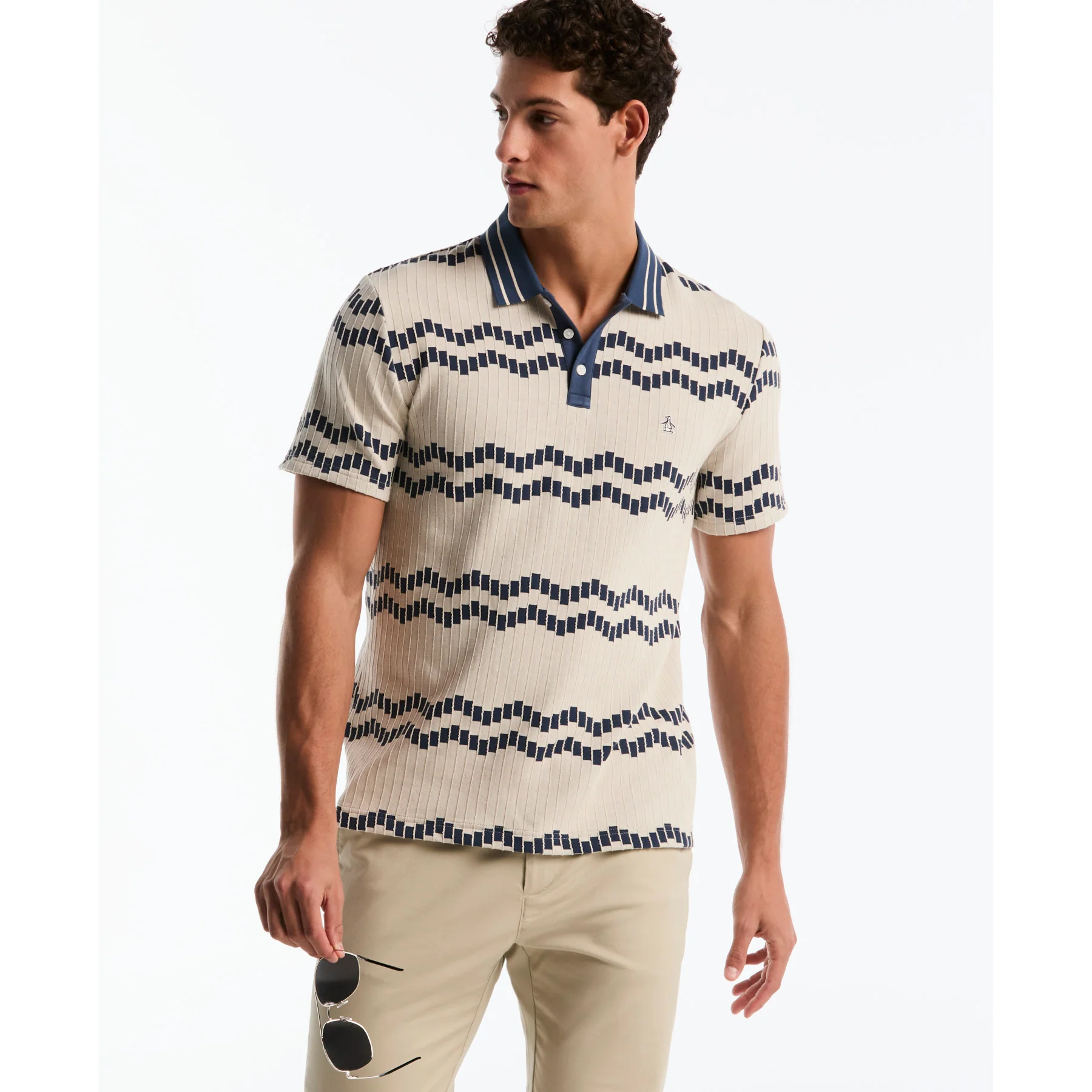 Jacquard Wavy Tiles Polo Shirt In Birch - Image 5