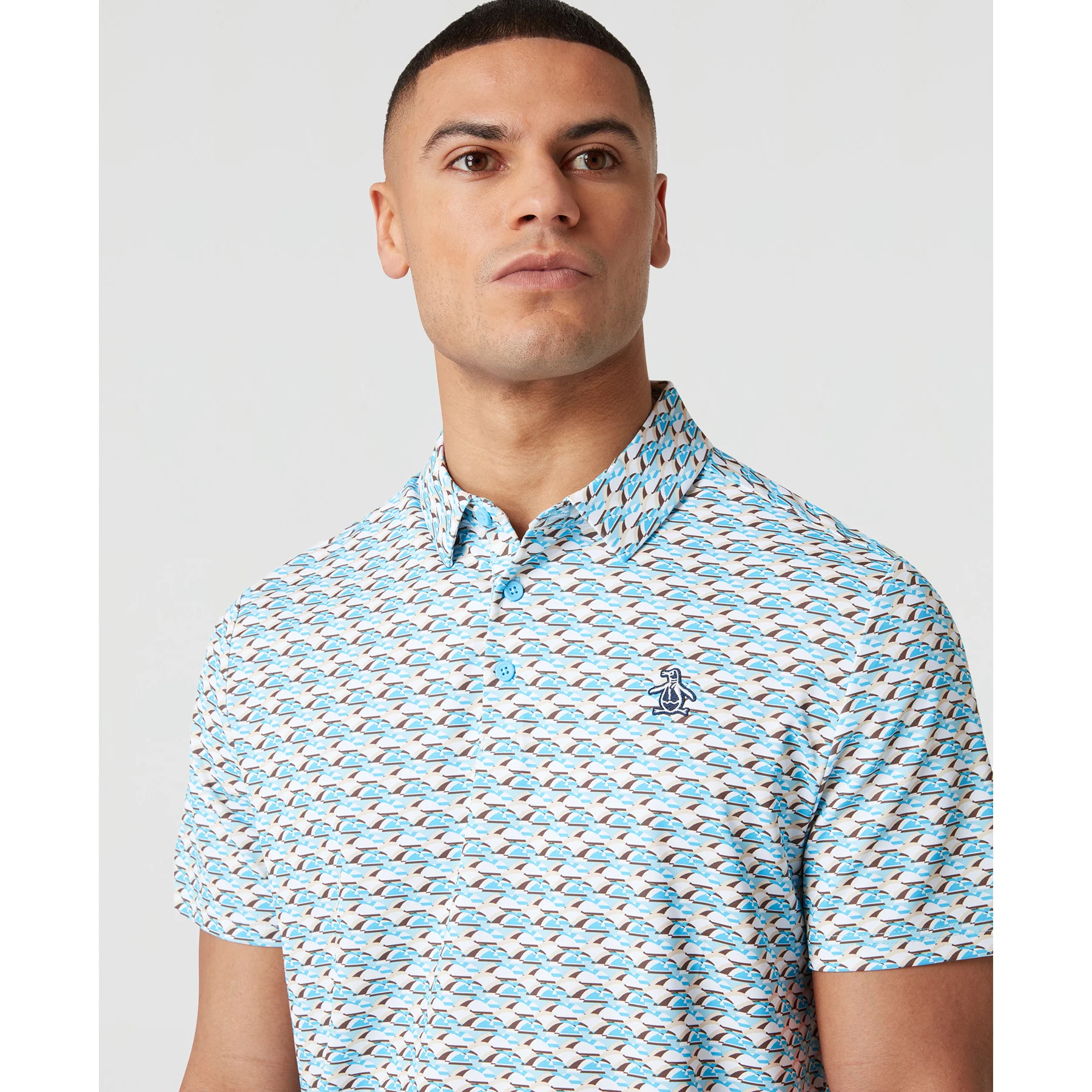 Layered Umbrella Print Golf Polo Shirt In Blue Grotto - Image 3