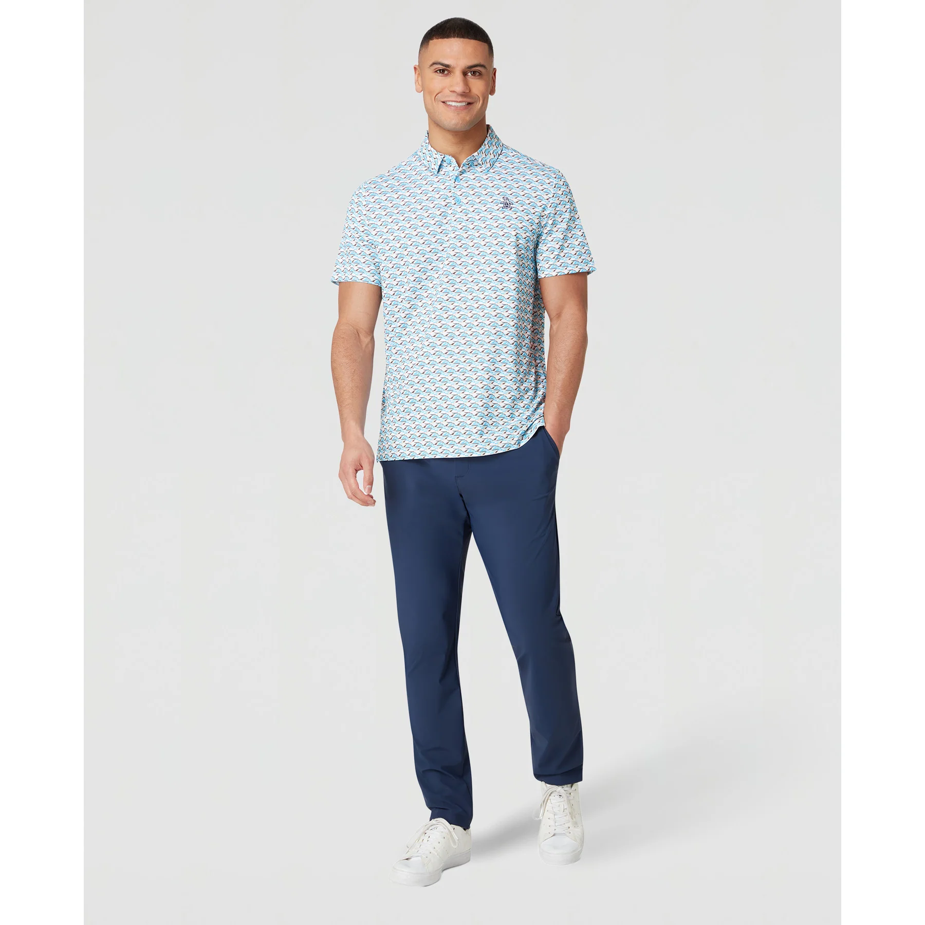 Layered Umbrella Print Golf Polo Shirt In Blue Grotto - Image 4