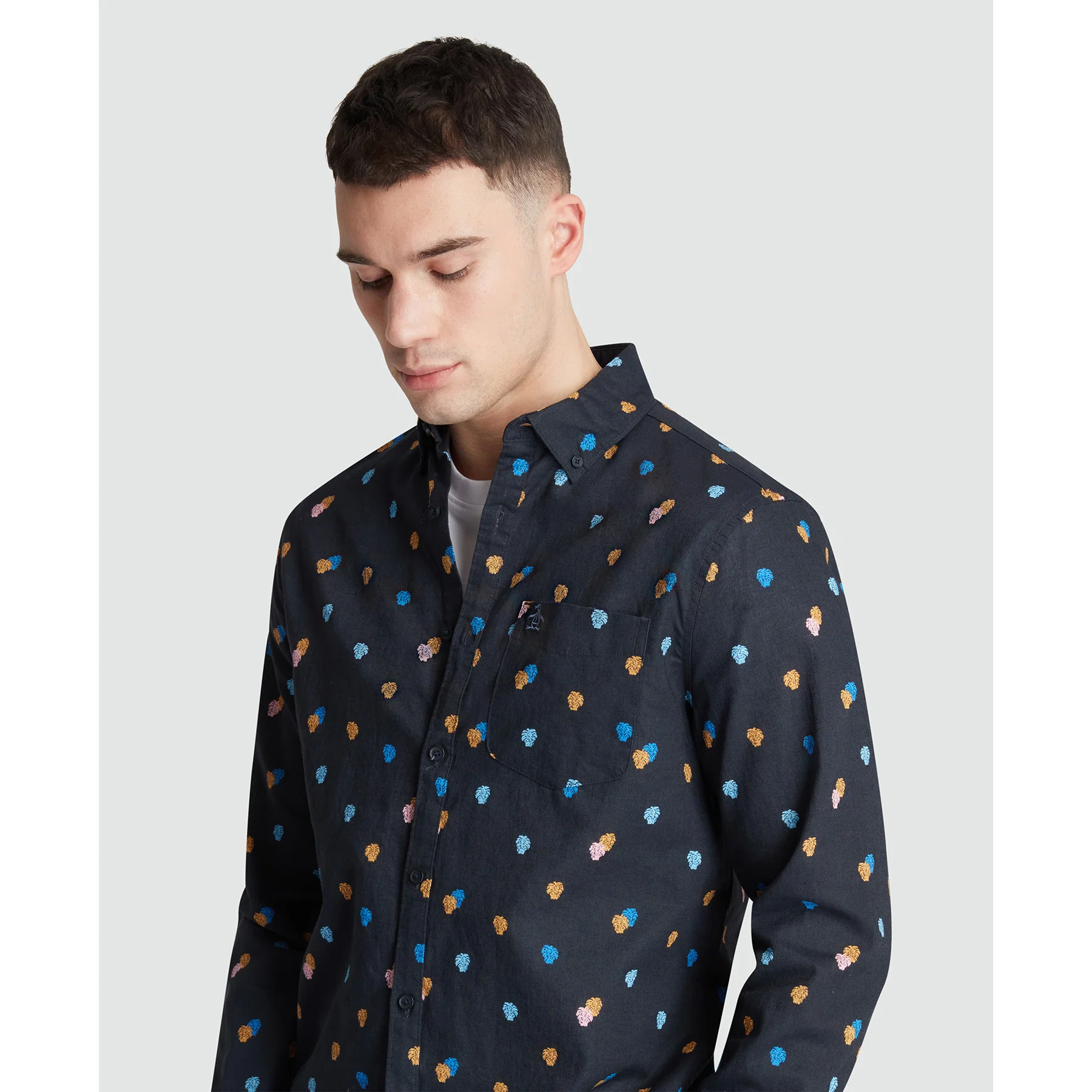 Linen Blend Mini Monstera Print Shirt In Dark Sapphire - Image 3