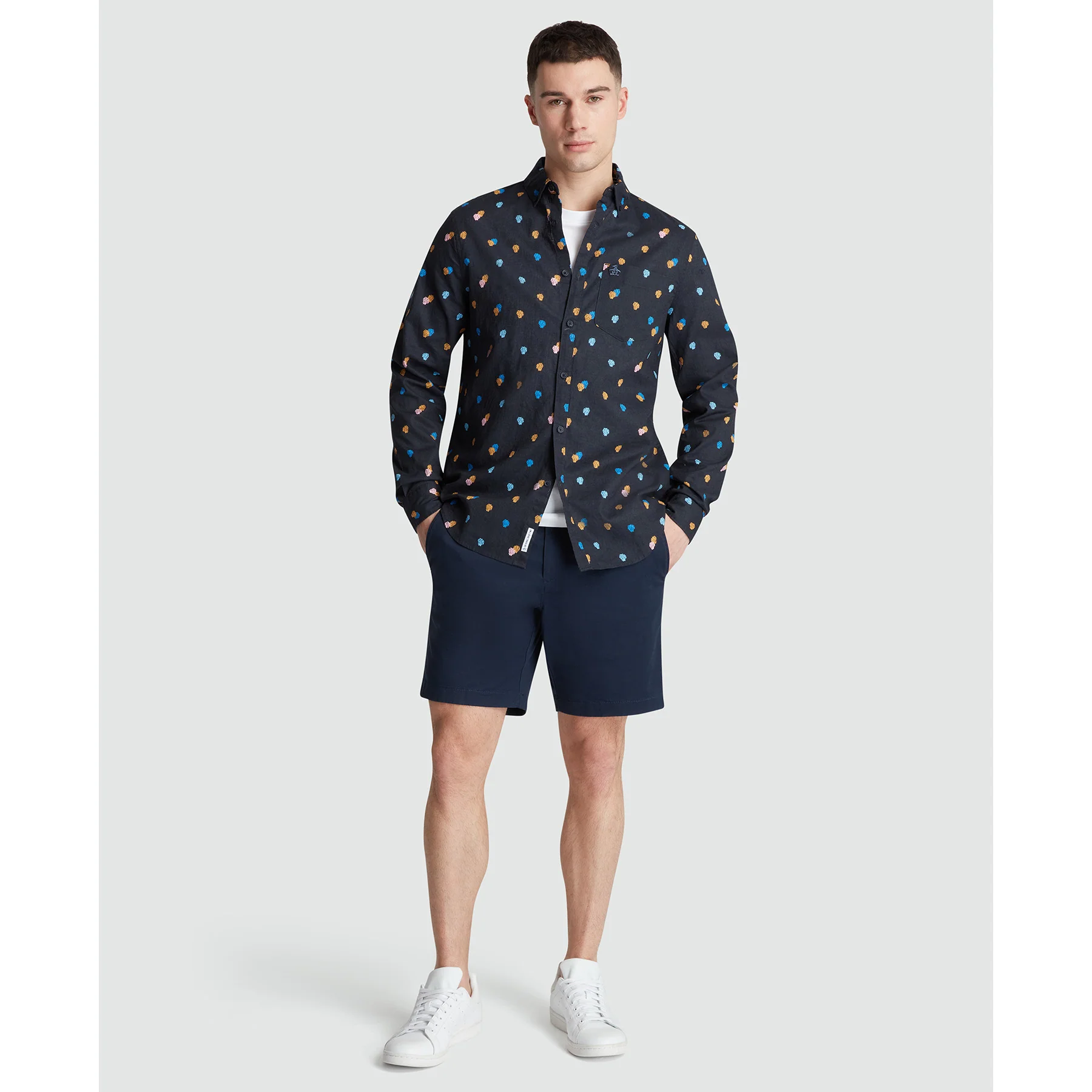 Linen Blend Mini Monstera Print Shirt In Dark Sapphire - Image 4