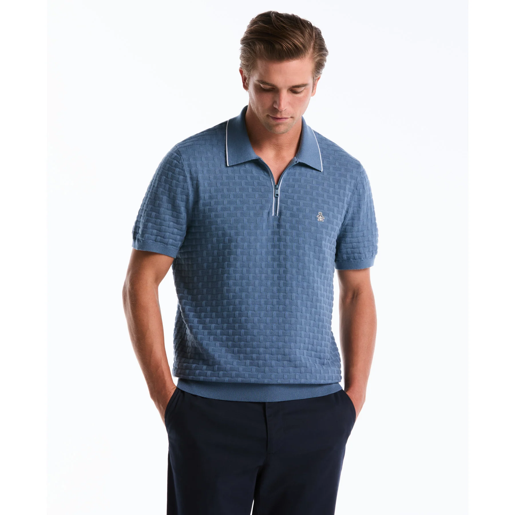 Links Stitch Quarter Zip Sweater Polo In Copen Blue