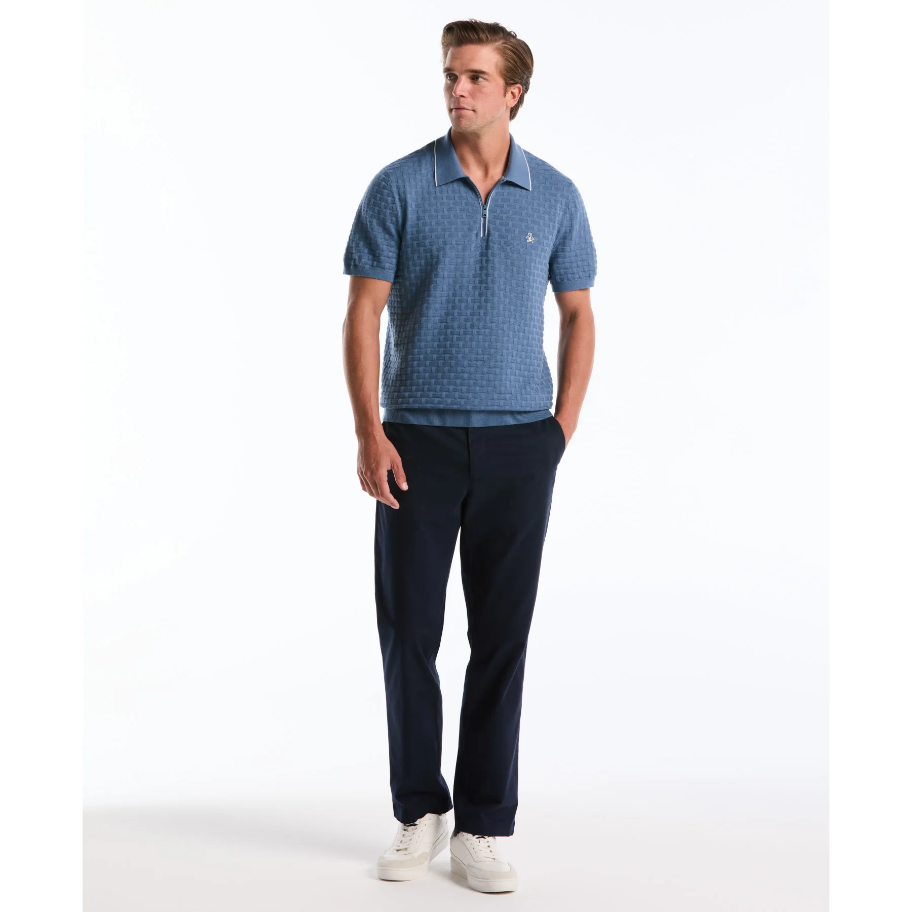 Links Stitch Quarter Zip Sweater Polo In Copen Blue - Image 2