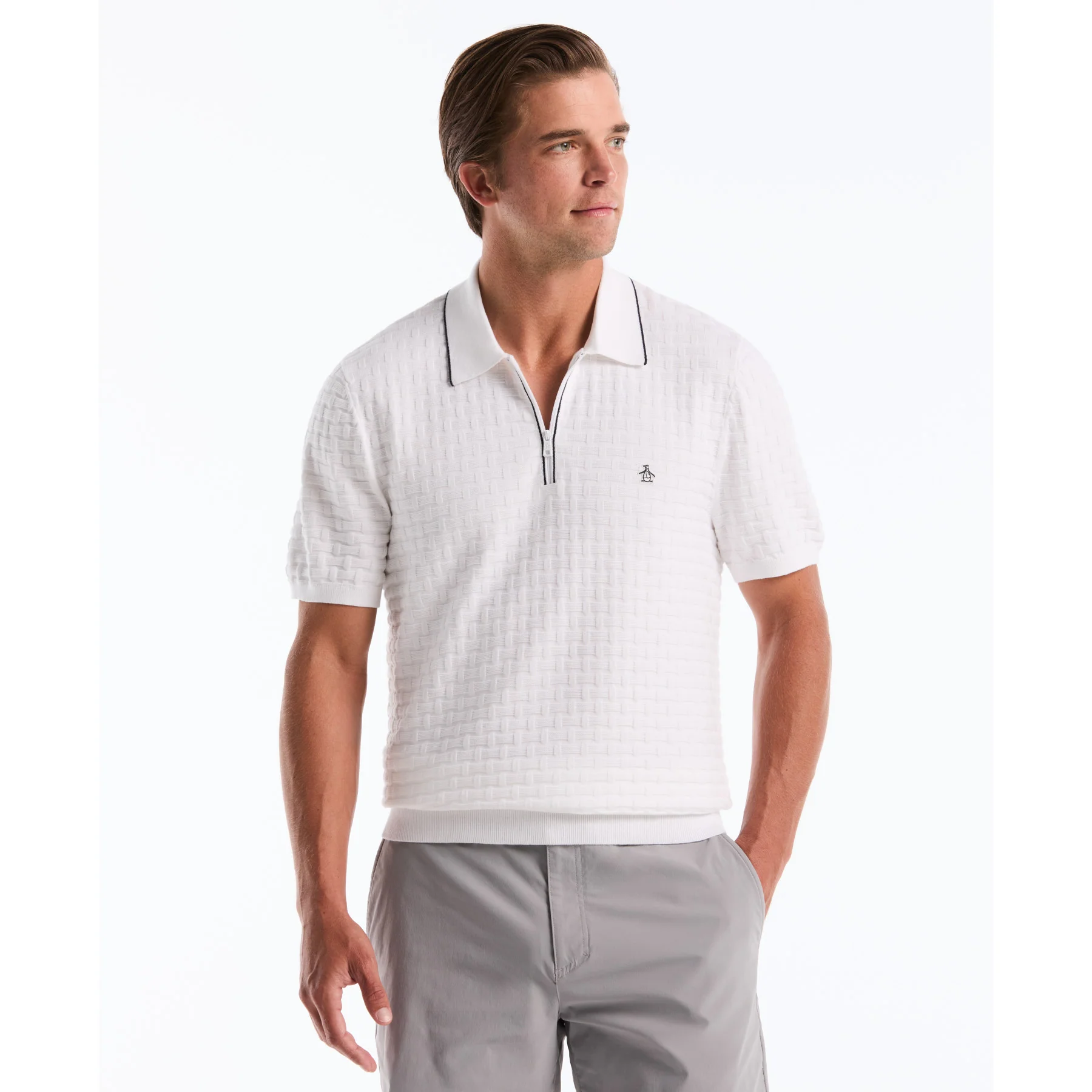Links Stitch Quarter Zip Sweater Polo In Bright White