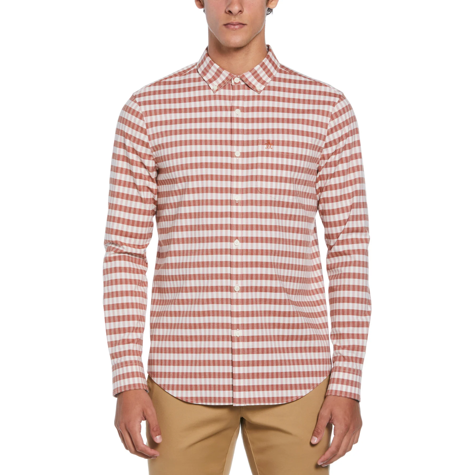 Eco Chambray Stretch Plaid Shirt In Ginger Bread