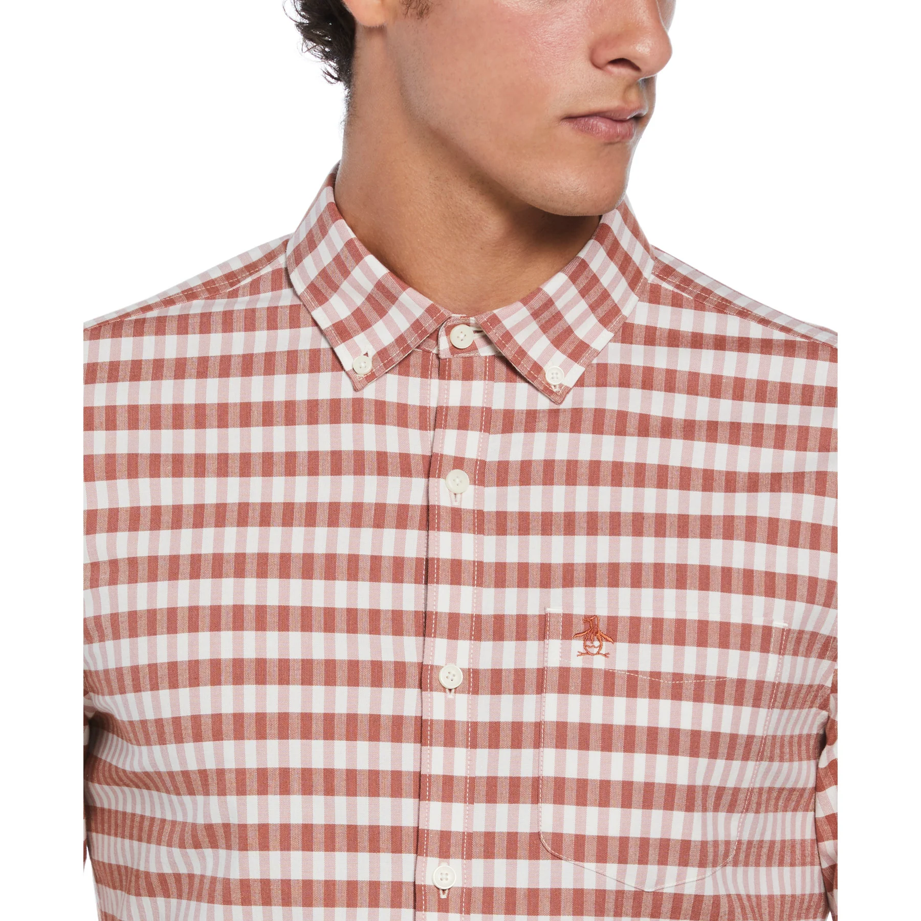 Eco Chambray Stretch Plaid Shirt In Ginger Bread - Image 3