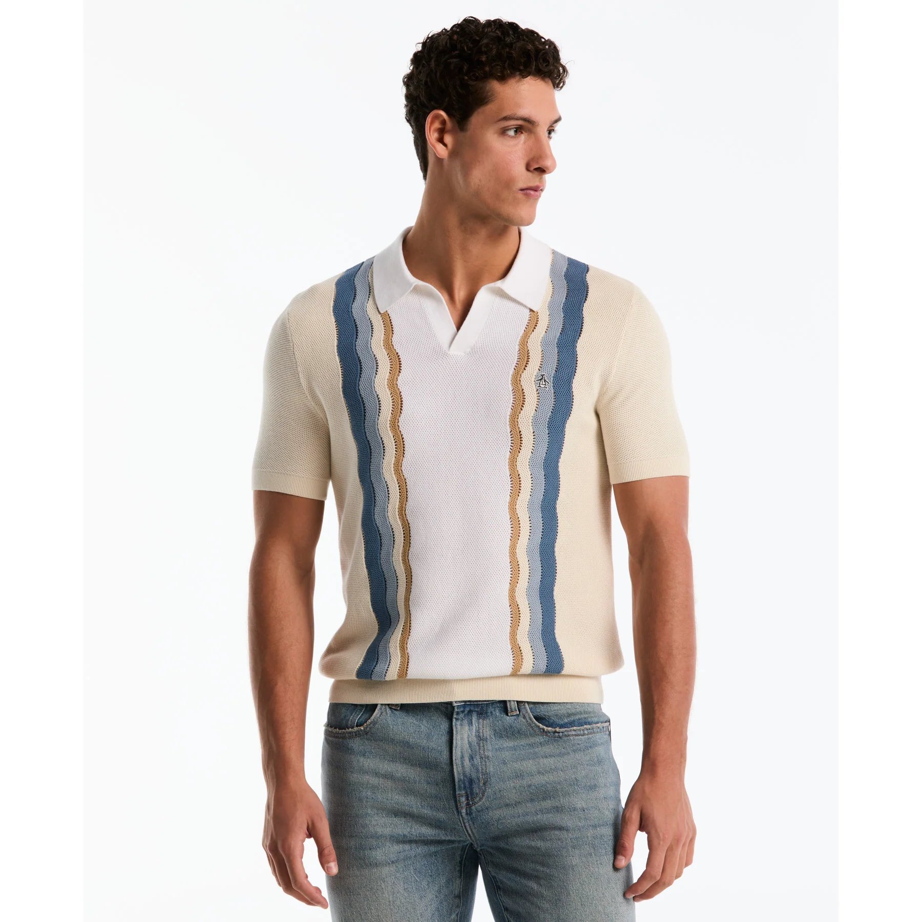 Mesh Stripe Johnny Collar Sweater Polo In Birch