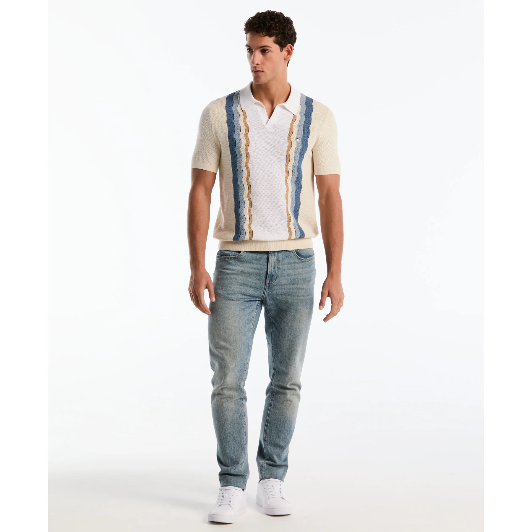 Mesh Stripe Johnny Collar Sweater Polo In Birch - Image 2