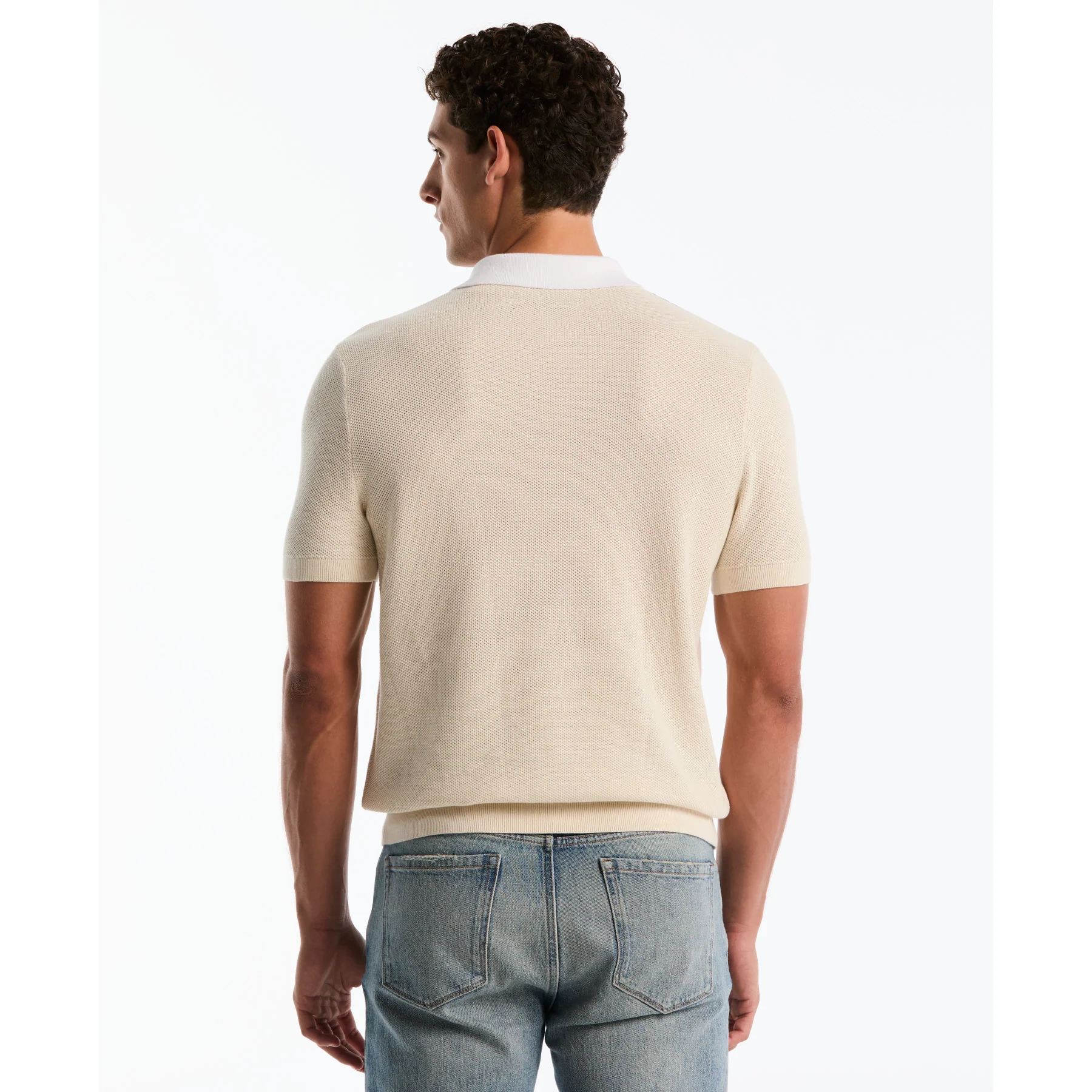 Mesh Stripe Johnny Collar Sweater Polo In Birch - Image 3