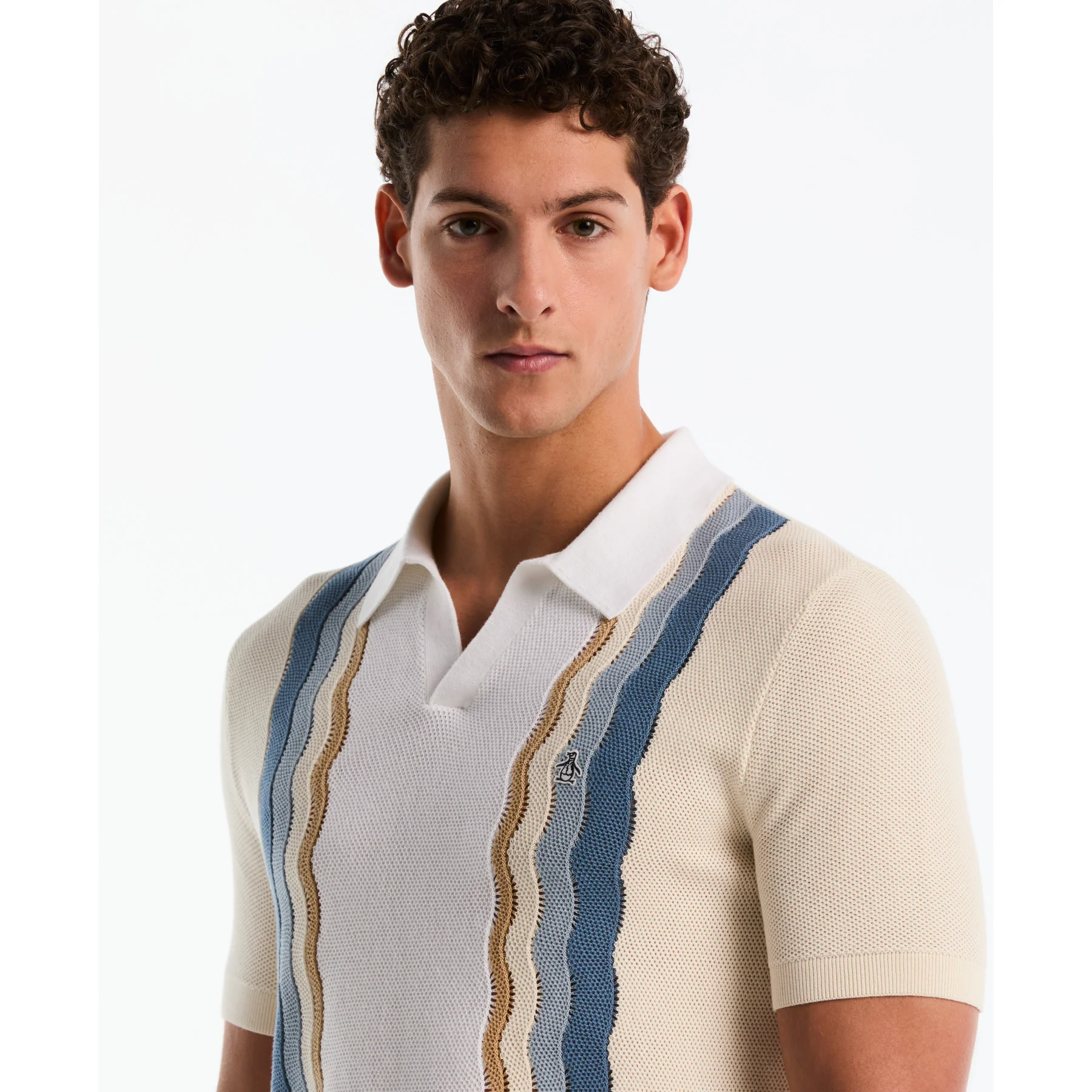 Mesh Stripe Johnny Collar Sweater Polo In Birch - Image 4