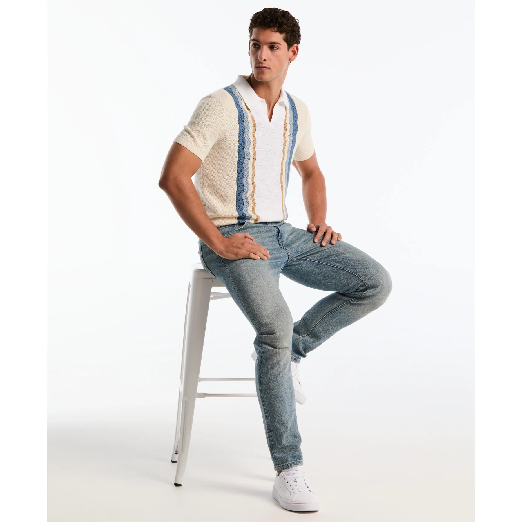 Mesh Stripe Johnny Collar Sweater Polo In Birch - Image 5