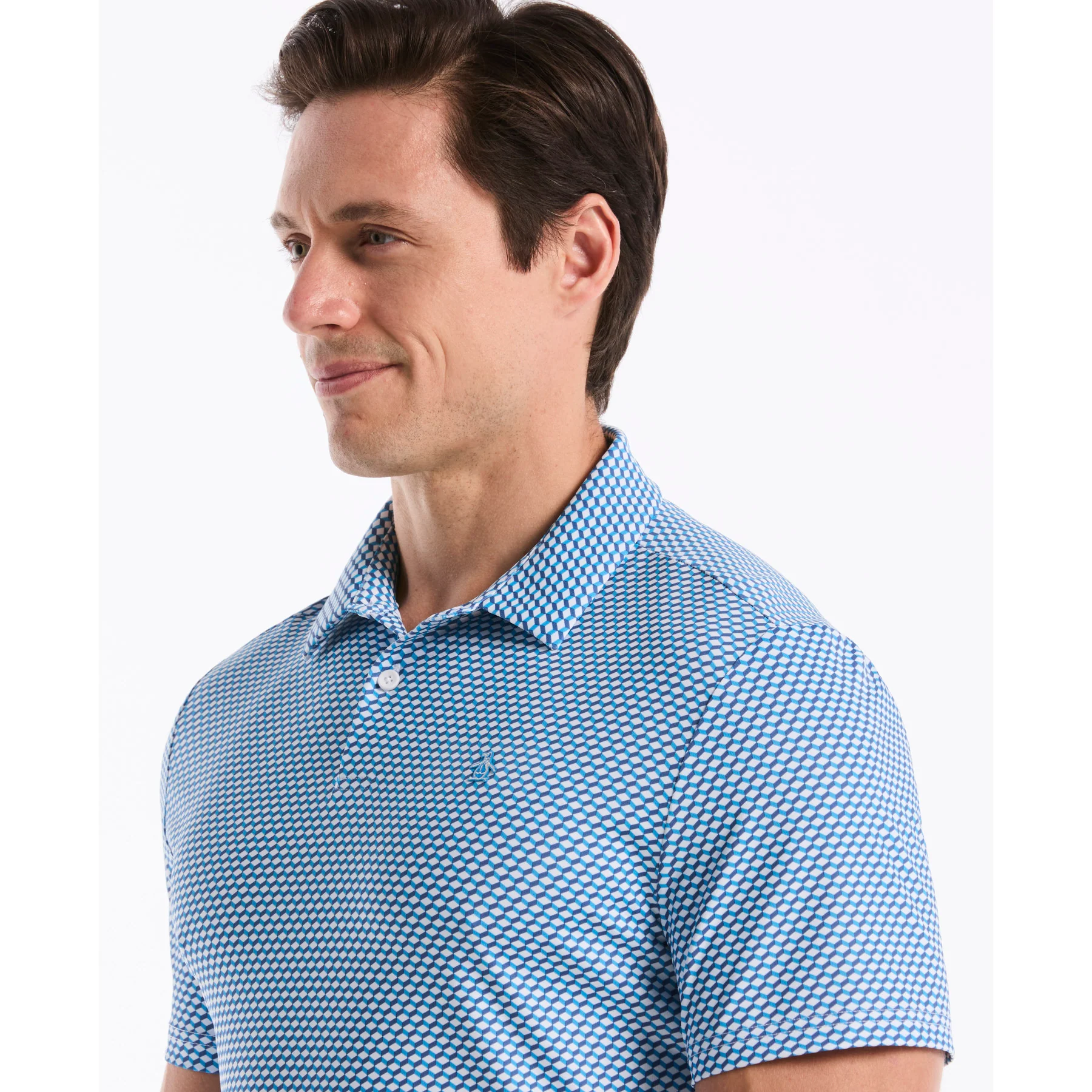 Micro Geo Print Golf Polo In Malibu Blue - Image 3