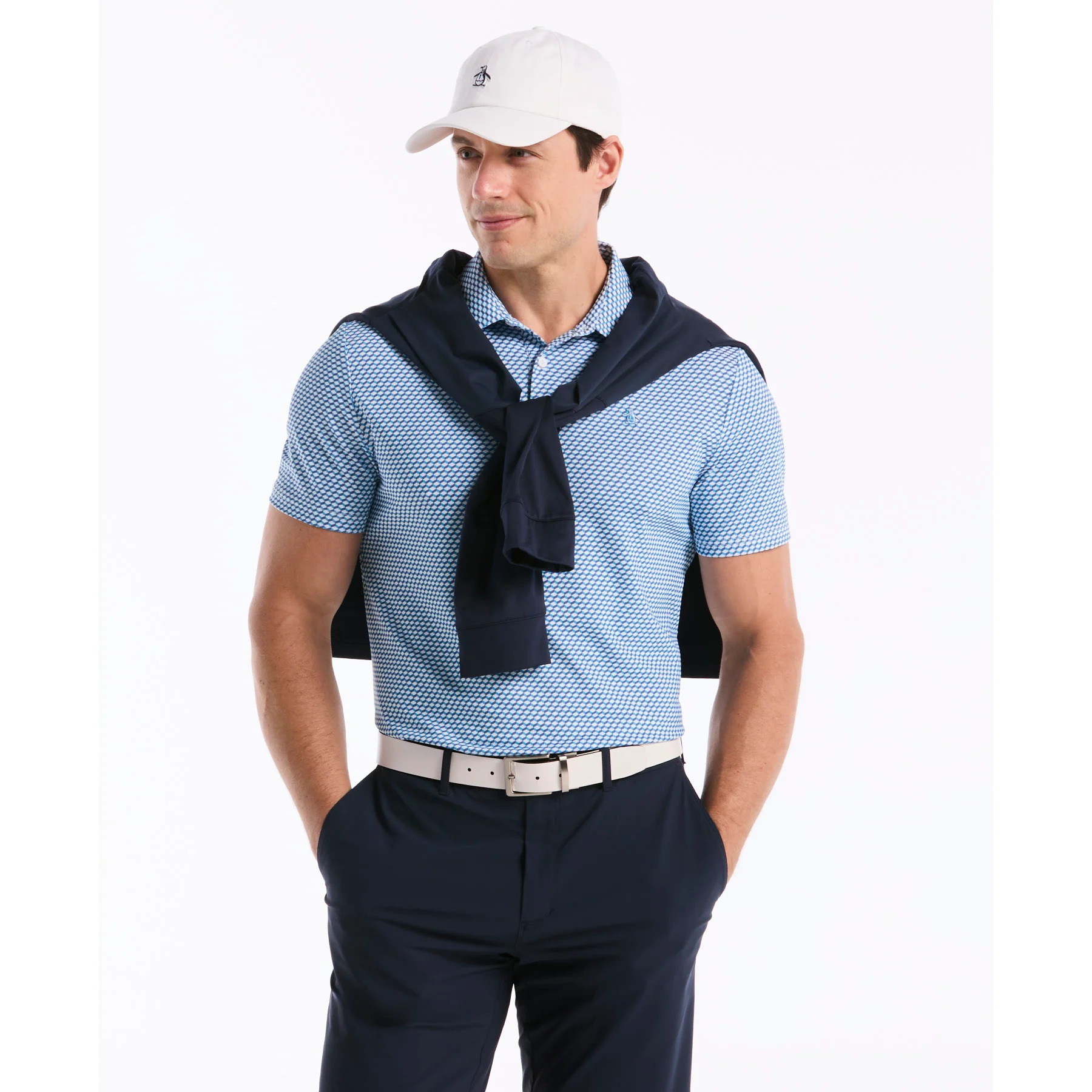 Micro Geo Print Golf Polo In Malibu Blue - Image 5