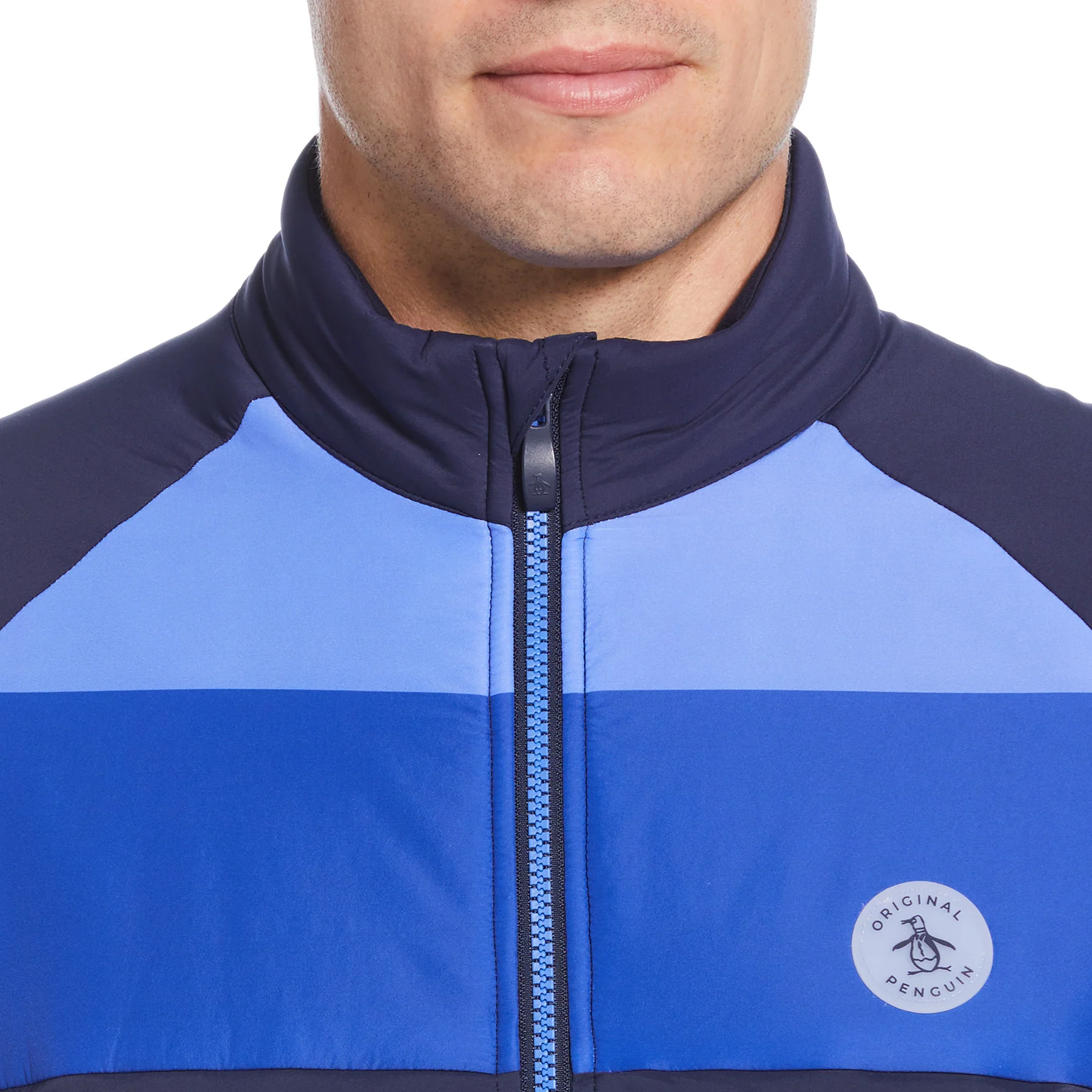 Mixed Media Colour Blocked Insulated Full Zip Golf Jacket In Black Iris - Image 3