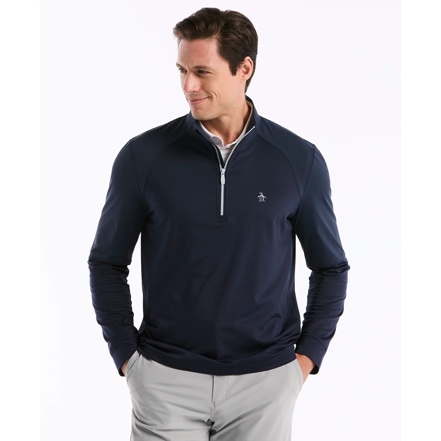 Mixed Media Quarter Zip Golf Pullover In Black Iris