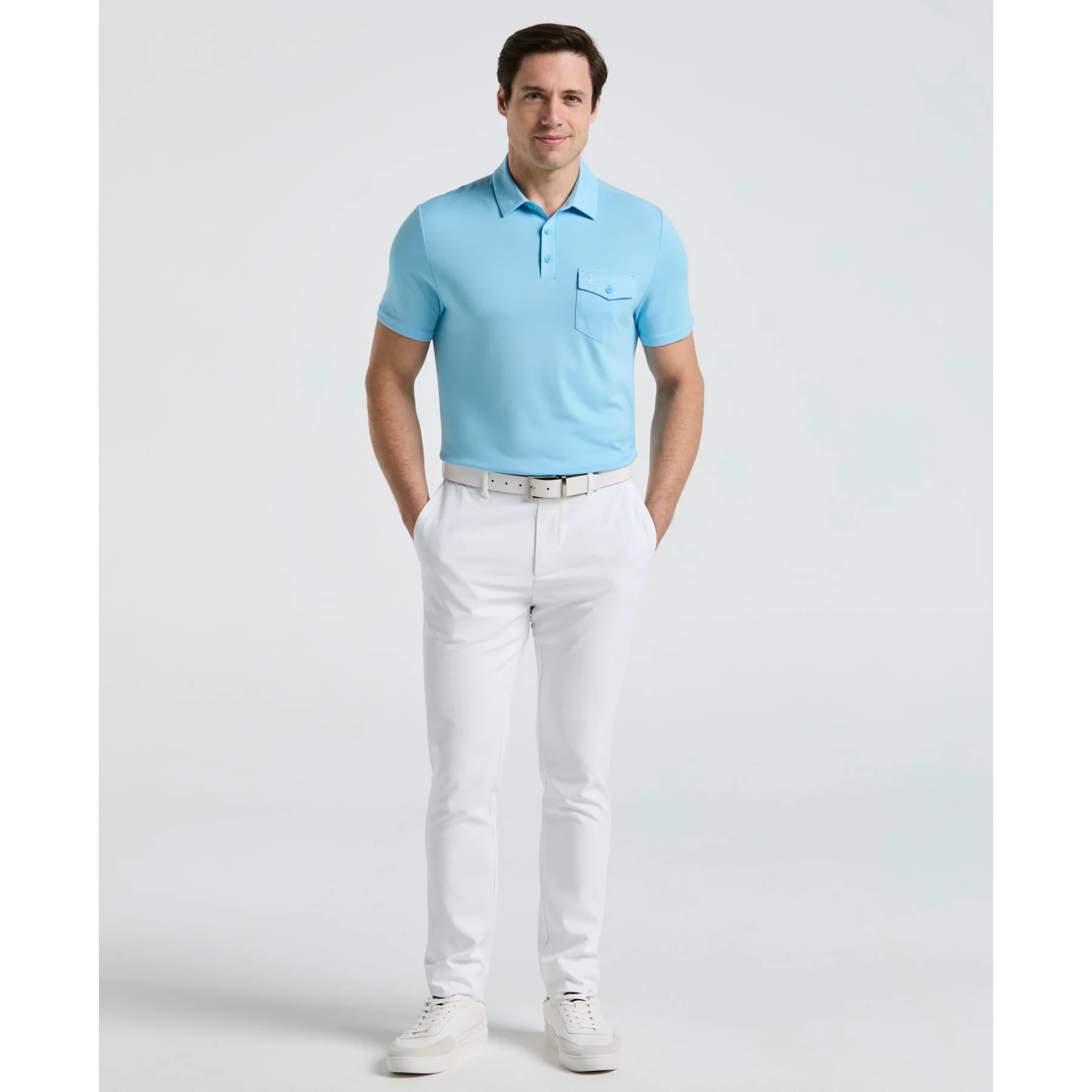 Pete's Fine Line Golf Polo Shirt In Blue Grotto - Image 4
