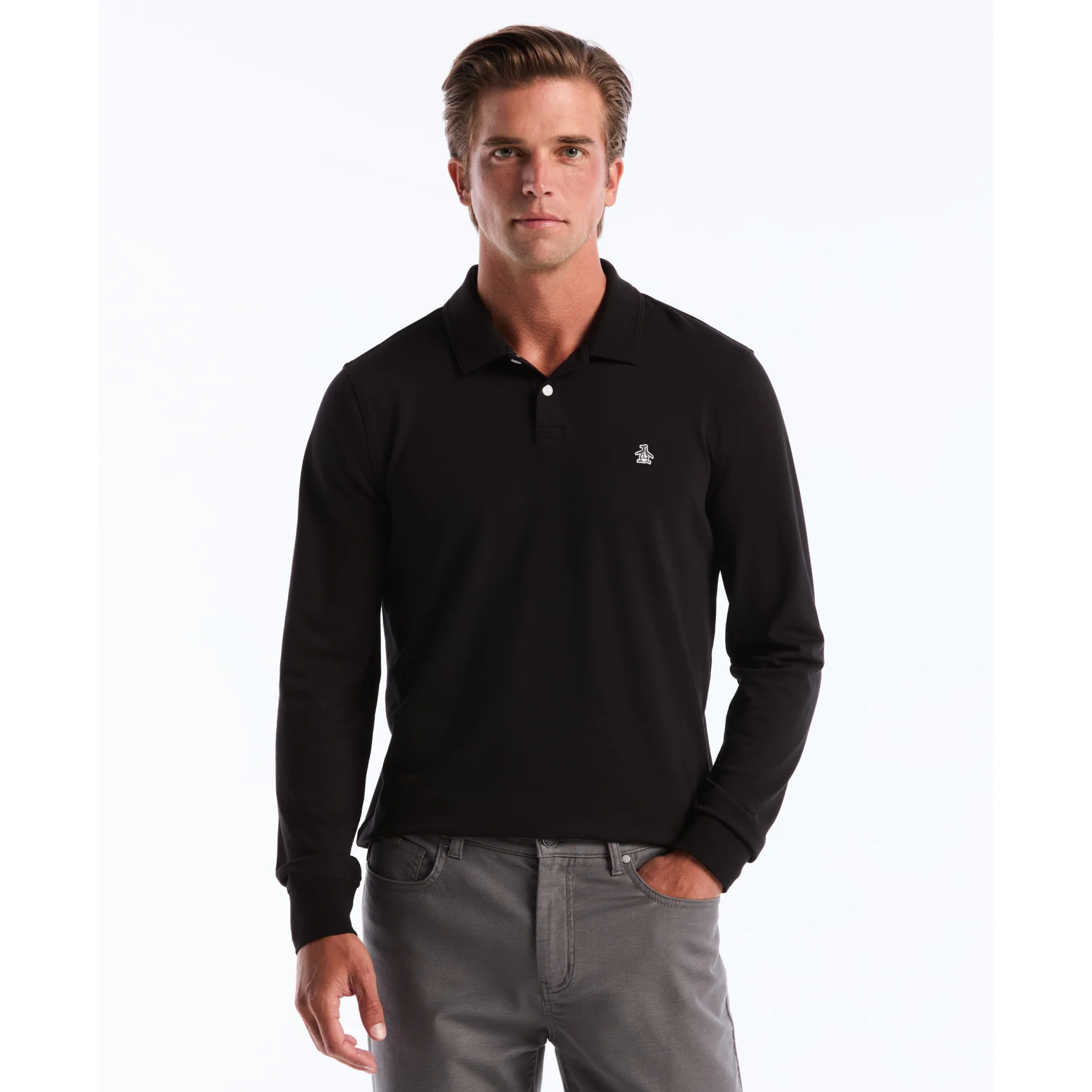 Pique Long Sleeve Polo Shirt In True Black