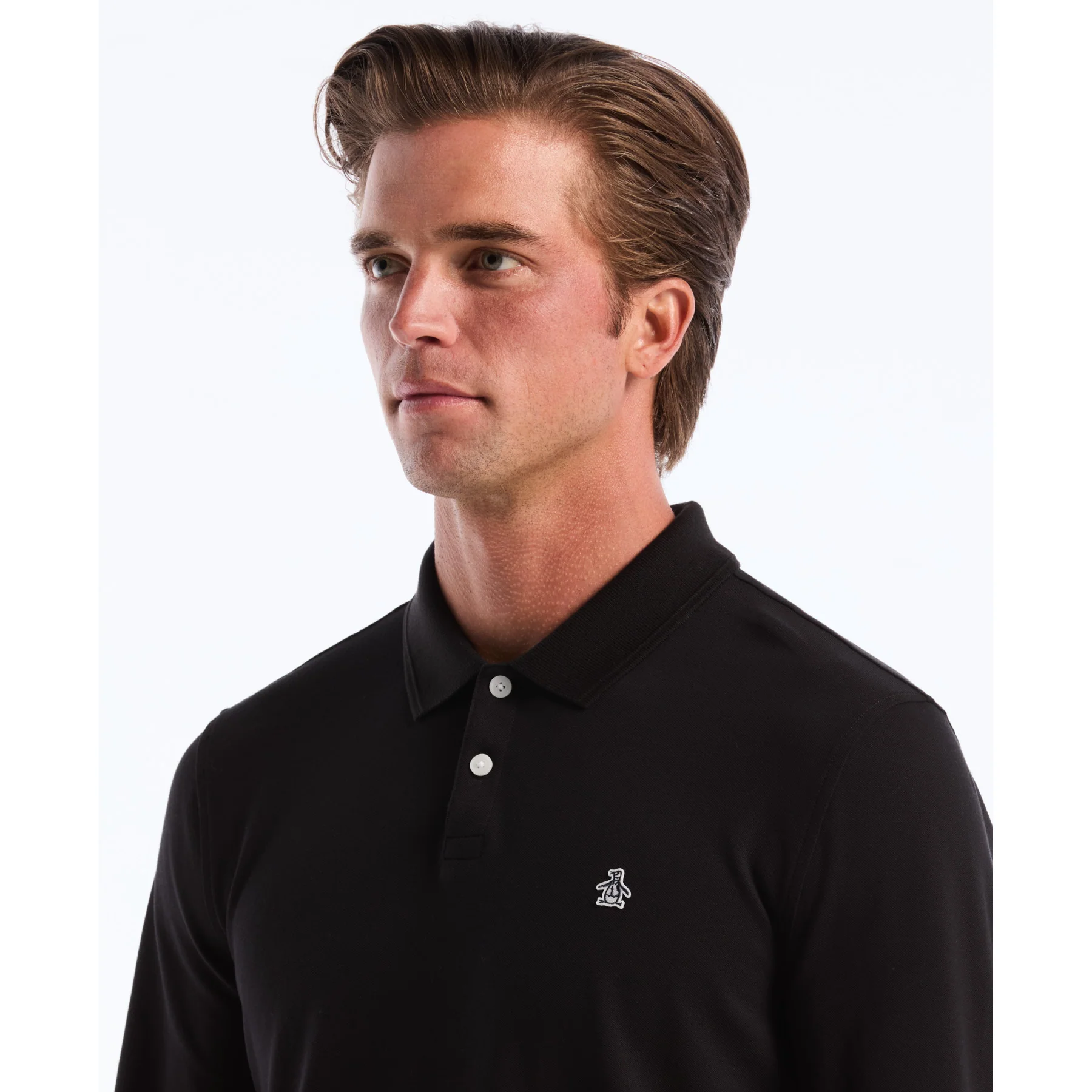 Pique Long Sleeve Polo Shirt In True Black - Image 3